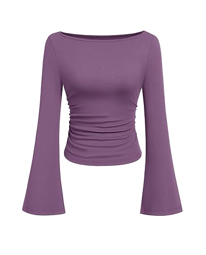 PRETTYGARDEN Women's Long Sleeve Shirts 2025 Fall Crop Going Out Tops Casual Boat Neck Bell Sleeve Ribbed Ruched Y2K Clothes - Purple - Medium