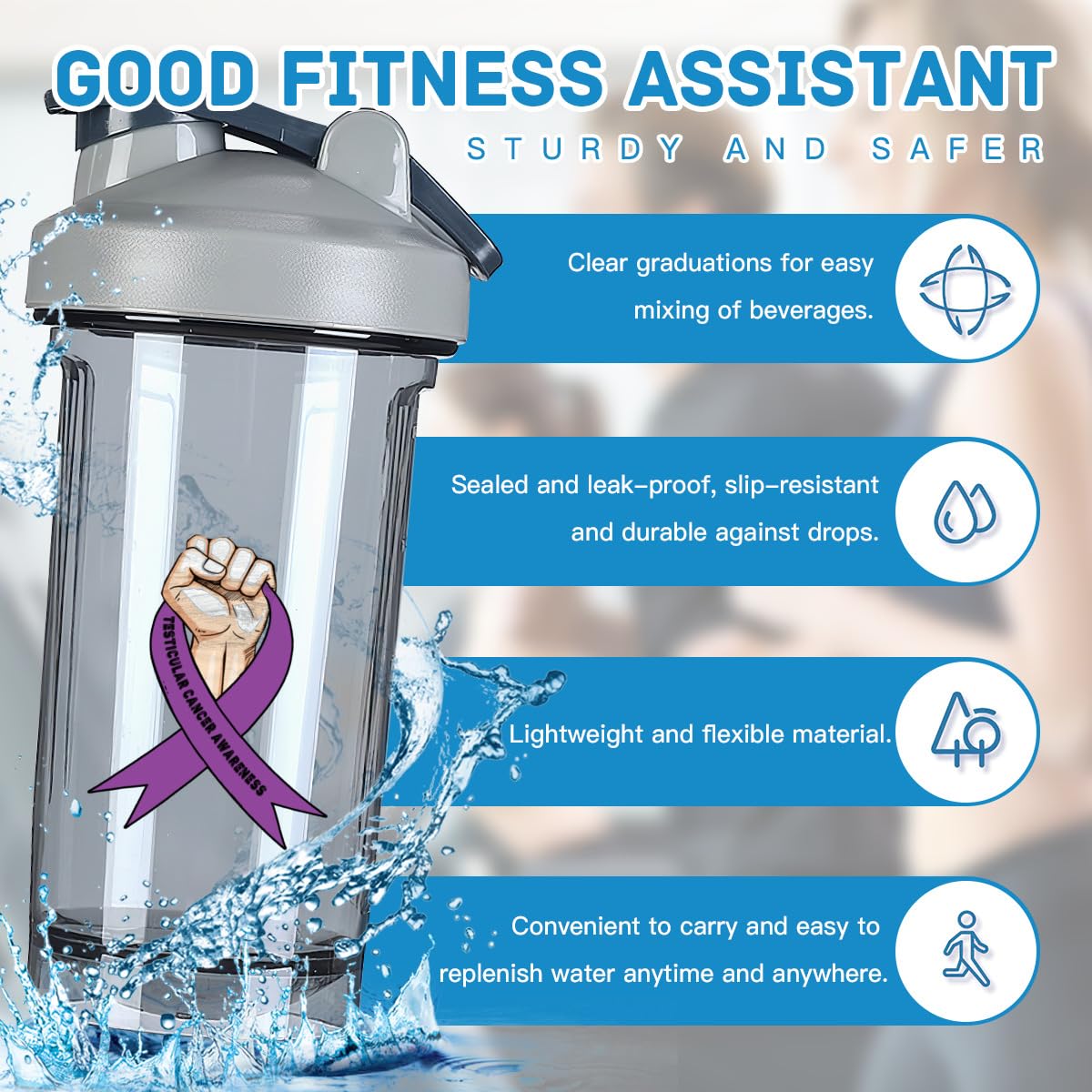 Testicular Cancer Awareness 1 18 Ounce Shaker Bottle Drink Mixer Leak-proof Pre Workout Protein Shakes Meal Replacement Shakes Bottles 500ML/18 Oz Gray