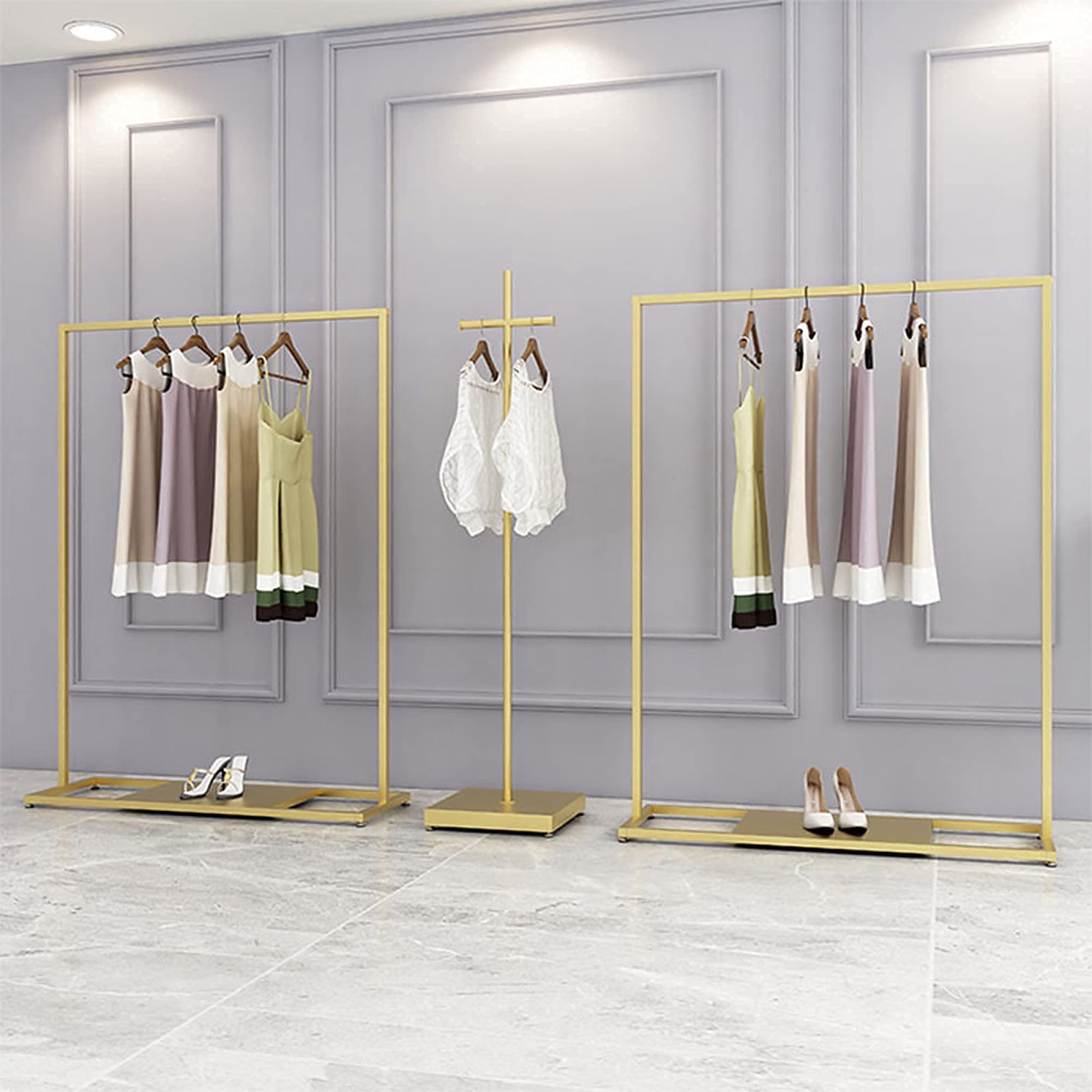 Kleiderständer，Heavy-Duty-Kleiderstangen, Moderne minimalistische Metall-Einzelhandels-Präsentationsständer, Garderobenständer für STO-Schuhkartons,Golden,120 cm,Golden,150 cm