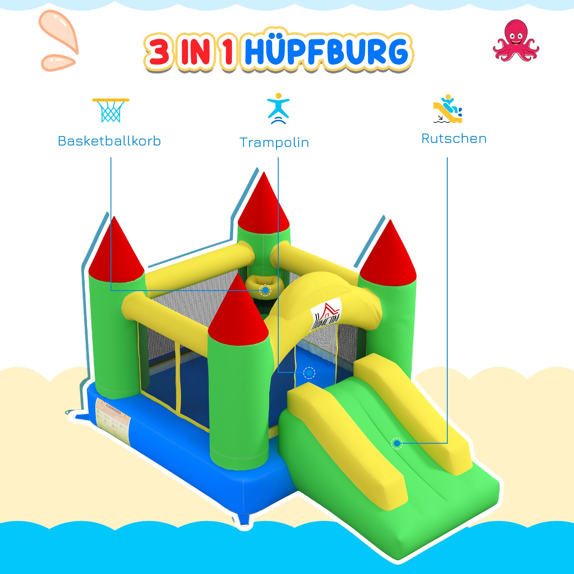 HOMCOM Hüpfburg mit Gebläse, Aufblasbare Kinderhüpfburg für Kinder 3-10 Jahre, Spielburg mit Rutsche, Trampolin, Sicherheitsnetz, Spielplatz für Indoor und Outdoor, 300 x 180 x 160 cm