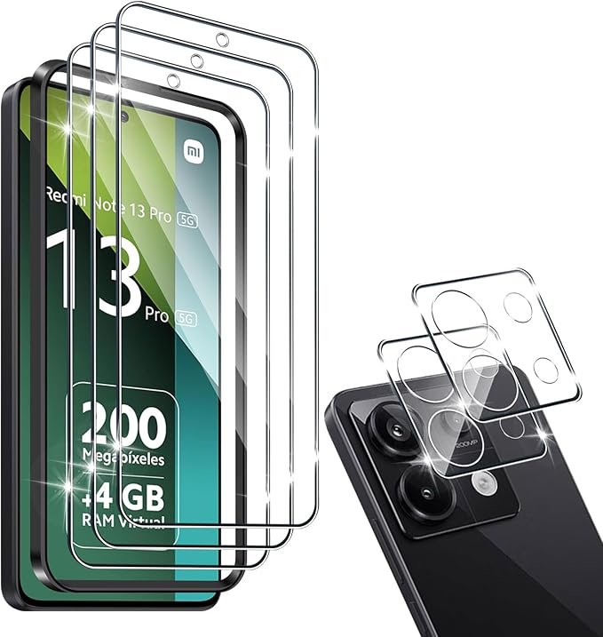 Cristal Templado Compatible con Xiaomi Redmi Note 13 Pro 5G (No para Note 13 Pro 4G), 3 Piezas Protector de Pantalla + 2 Pcs Protector de Lente Cámara, 9H Dureza Sin Burbujas Vidrio Templado
