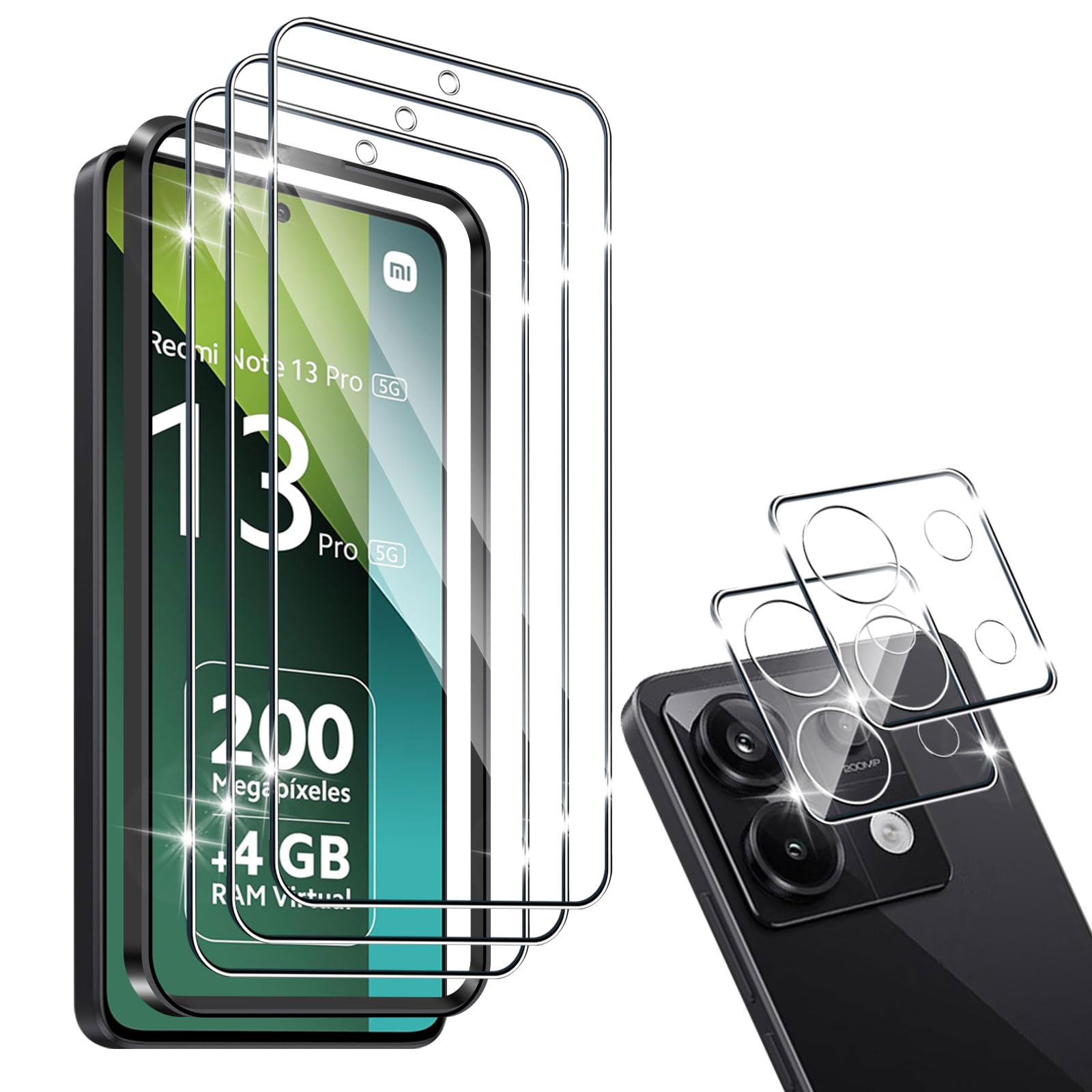 Tempered Glass Screen Protector Compatible with Xiaomi Redmi Note 13 Pro 5G (Not for Note 13 Pro 4G), Pack of 3 Protective Glass and 2 Camera Protection, 9H Hardness Anti-Scratch HD Anti-Bubble