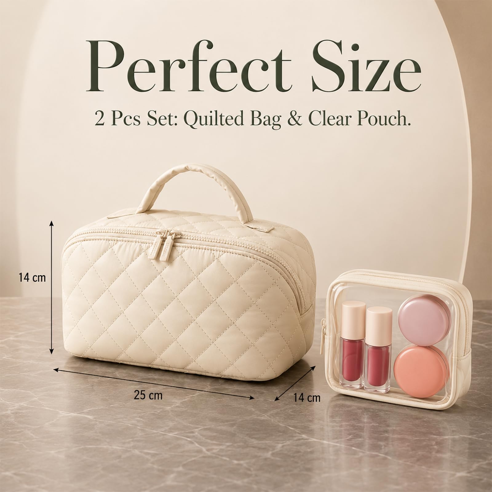 2 Pezzi Borsa Cosmetici, necessaire Donna (Crema) | Borsa cosmetici donna, borsa da toilette con apertura a 180°, leggera e morbida, grandi scomparti, lavabile per viaggio