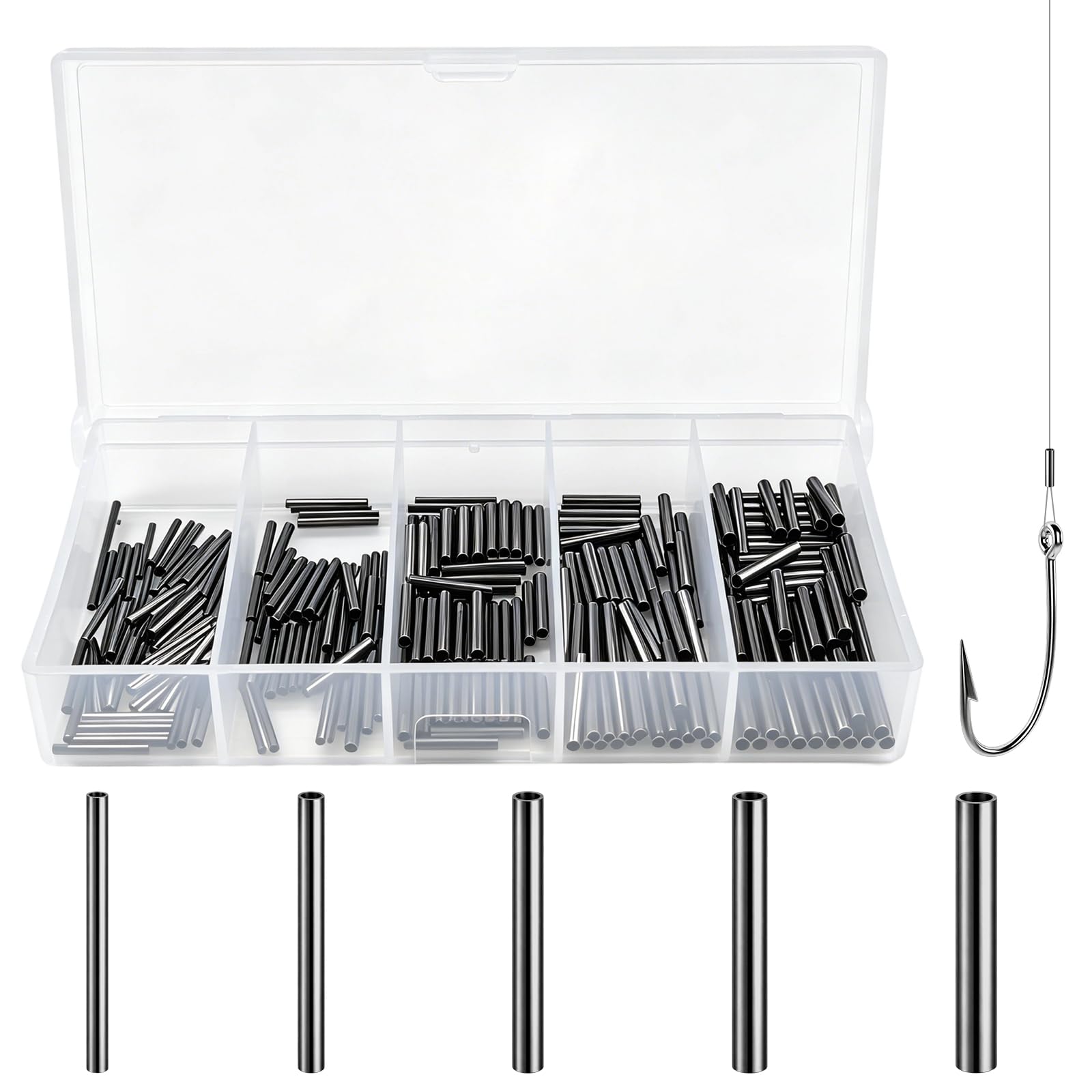 Seconero 300pcs Long Fishing Crimp Sleeves Kit, 5 Sizes 1mm - 1.8mm