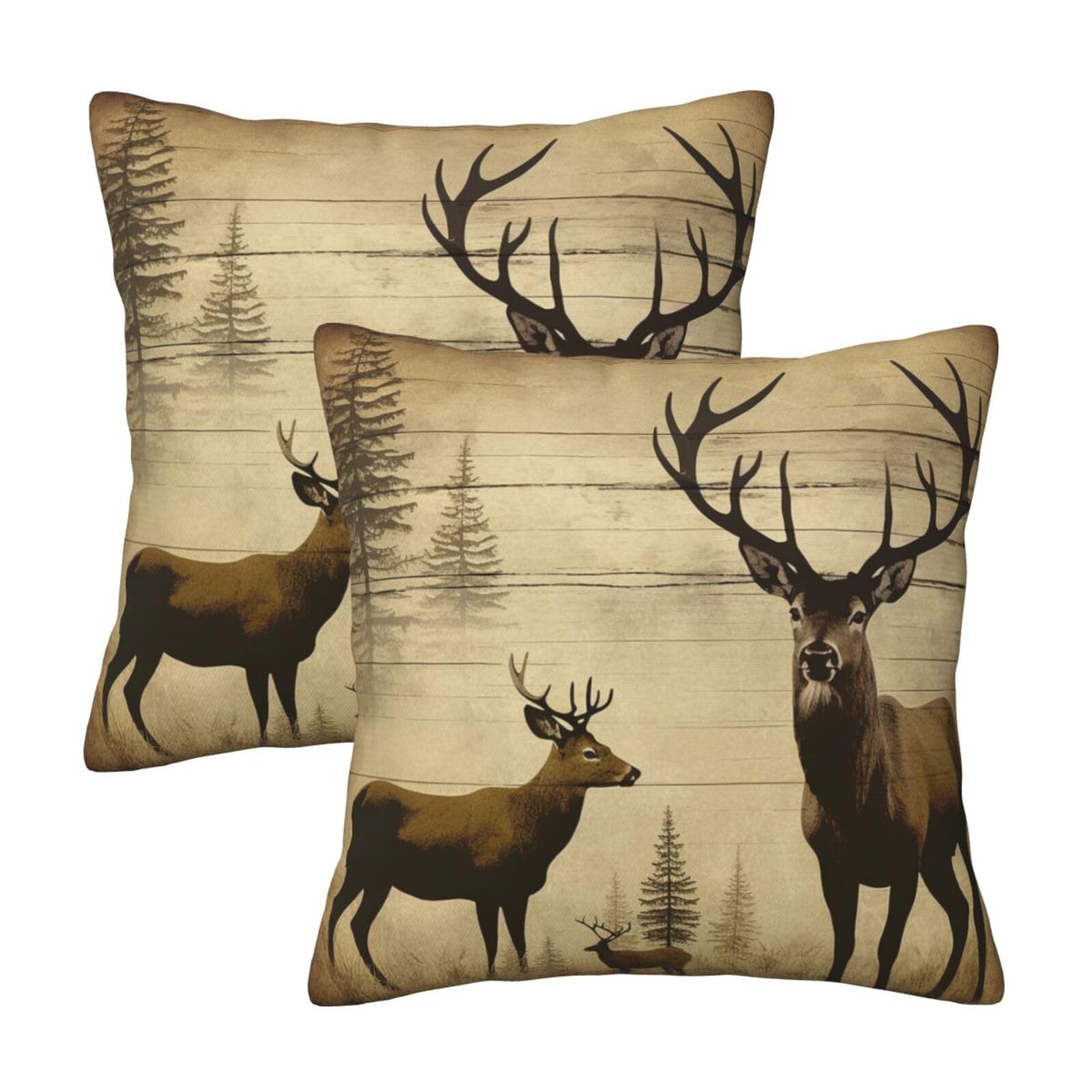 Rustic Deer Throw Pillow Cases 2 Pack Square Pillowcases Soft Pillow Protectors for Couch Livingroom Sofa Bed Office Car,50x50 CM
