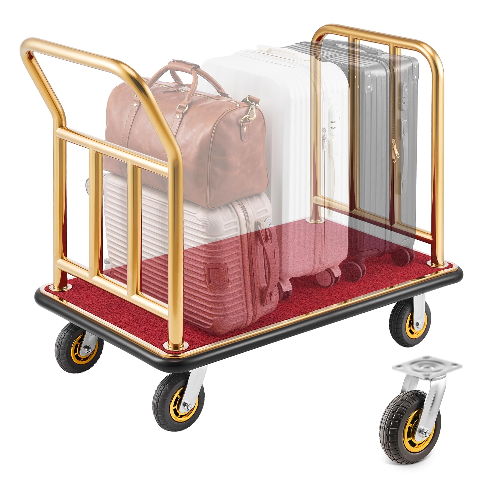 VEVOR Chariot à Bagages d'Hôtel, Charge Max. 340,19 kg, Chariot Porte-Bagages pour Hôtels et Complexes Hôteliers, avec Cadre en Acier Inoxydable, Roues en Caoutchouc 152 mm, Plateau Moquetté Rouge, Or