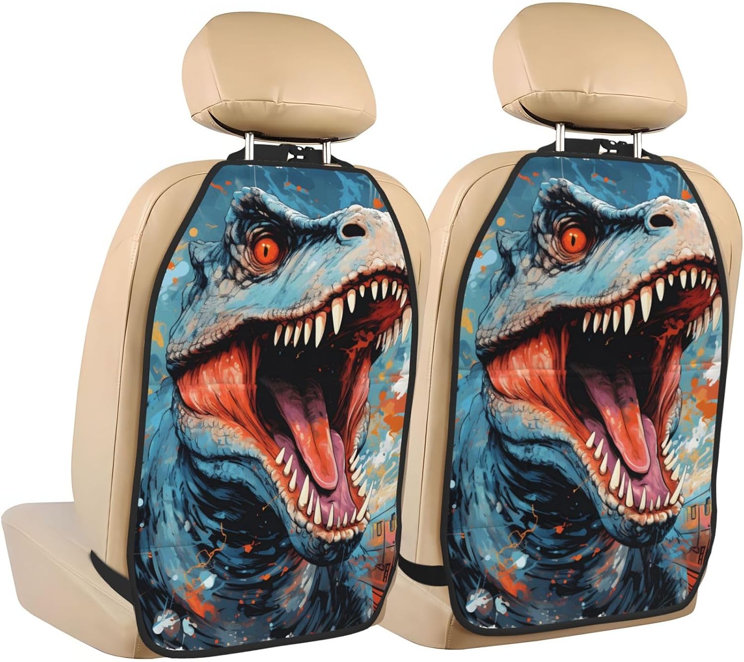 Car Seat Back Kick Protector 2 Pack 18.5x26.4 Inch, Cartoon Dinosaur Anti-Kick Pad, Waterproof Oxford Fabric Large Rear Seat Cover for Kids Pets Fits SUV Jeep Truck Sedan