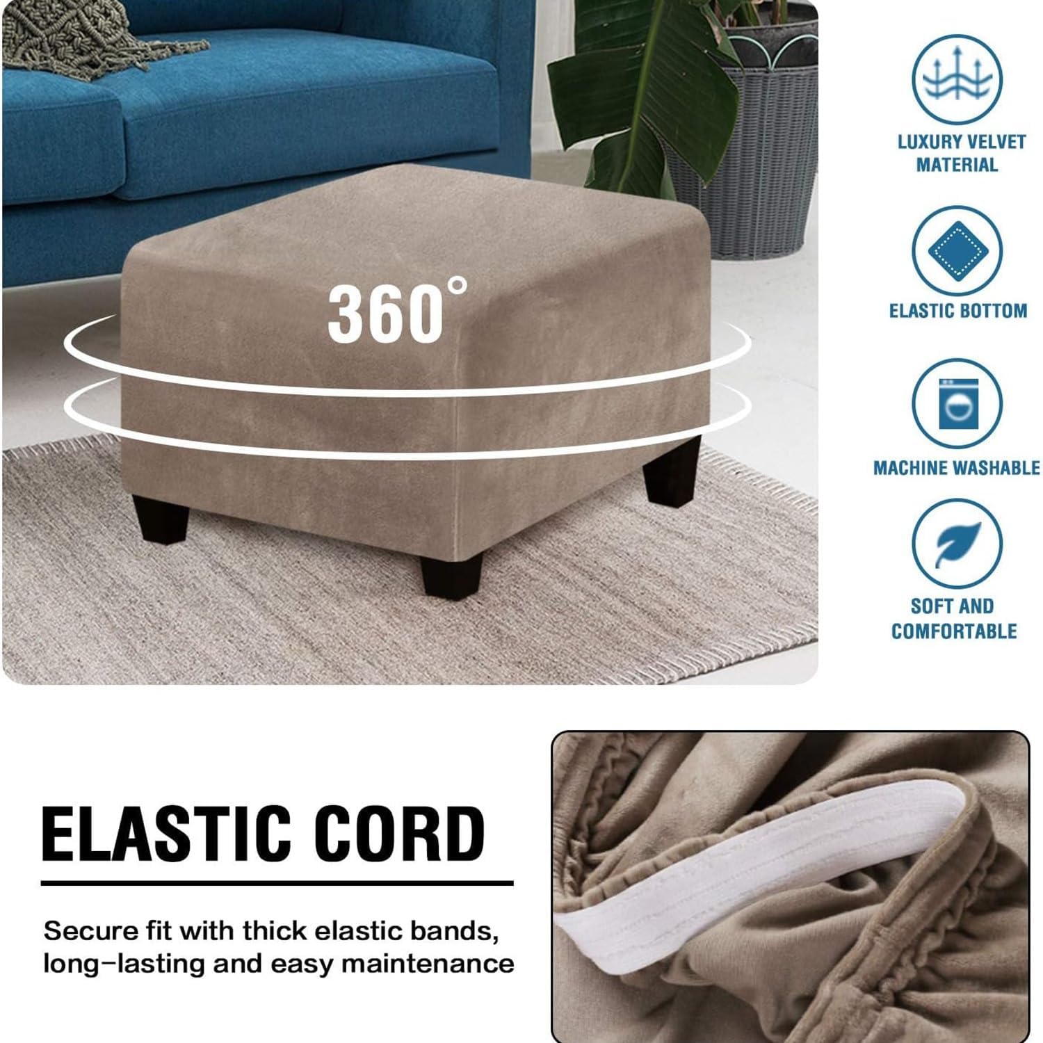 Ottoman Cover Square 36x36 30x30 24x24 26x26 20x20 Velvet Hassock Slipcovers with Stretch Thick Checked with Elastic Bottom Removable Washable Sofa Stool Protector(Burgundy,44"/110cm)