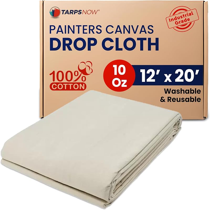 Tarps Now 12x20 ft Premium Heavy Duty Canvas Drop Cloth for Painting - Reusable Painter Tarp, 100% Cotton Fabric Floor Cover & Furniture Protection, Washable Paint Drop Cloth