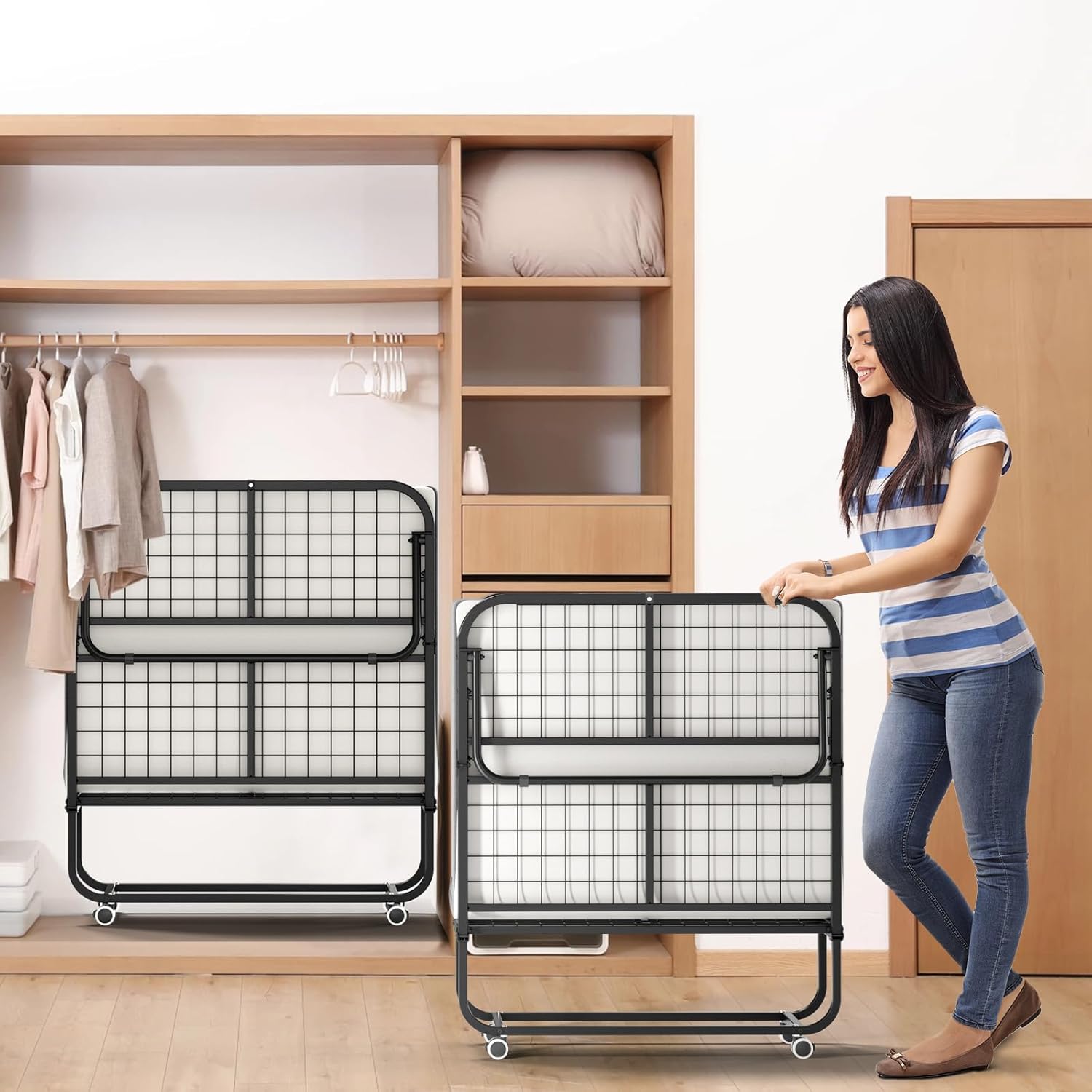 Close-up views of the Pelnuies Folding Bed's non-slip features, including fixing hooks, mattress retainer bar, Velcro straps, and smooth swivel casters with brakes.