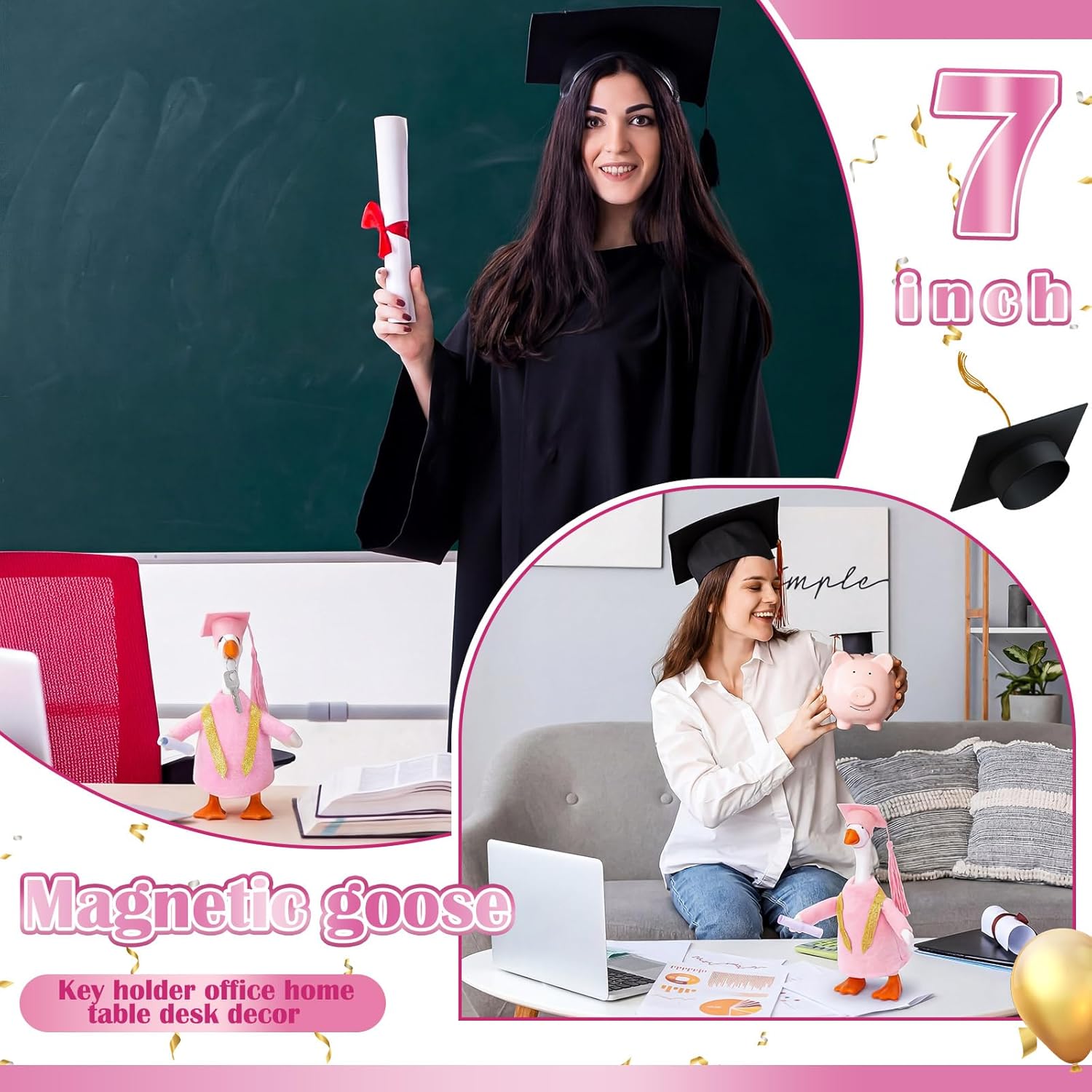 Graduation Mini Desk Goose Outfits 7 Inch Magnetic Goose Statue Key Holder Desktop Decor Gift with Graduation Cap and Gown Stoles for Home Classroom Office Desk Table Decor(Pink)