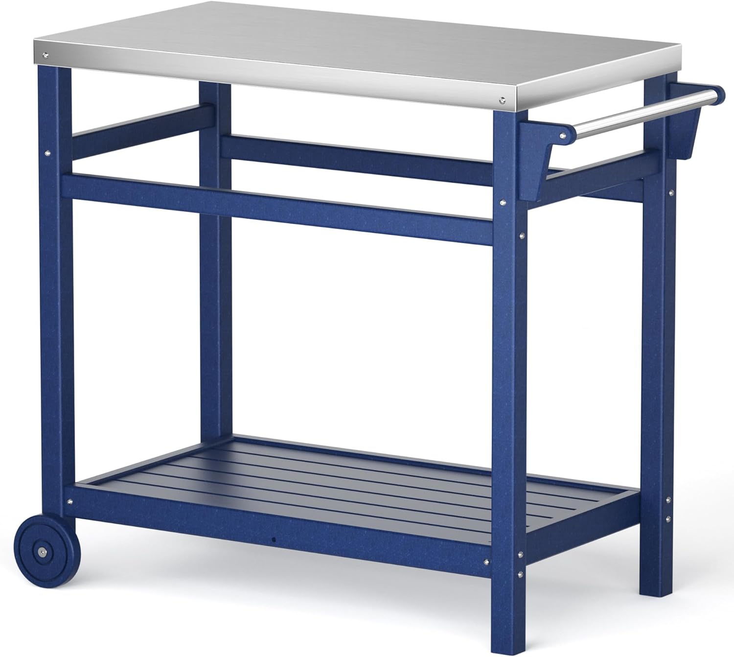 KORVOS Portable Outdoor Grill Cart with HDPE Legs,Stainless Steel Top&Double-Shelf Storage for BBQ Prep Table，A Long-Lasting Dining Cart Suitable for Outdoor&Indoor Use, Navy Blue