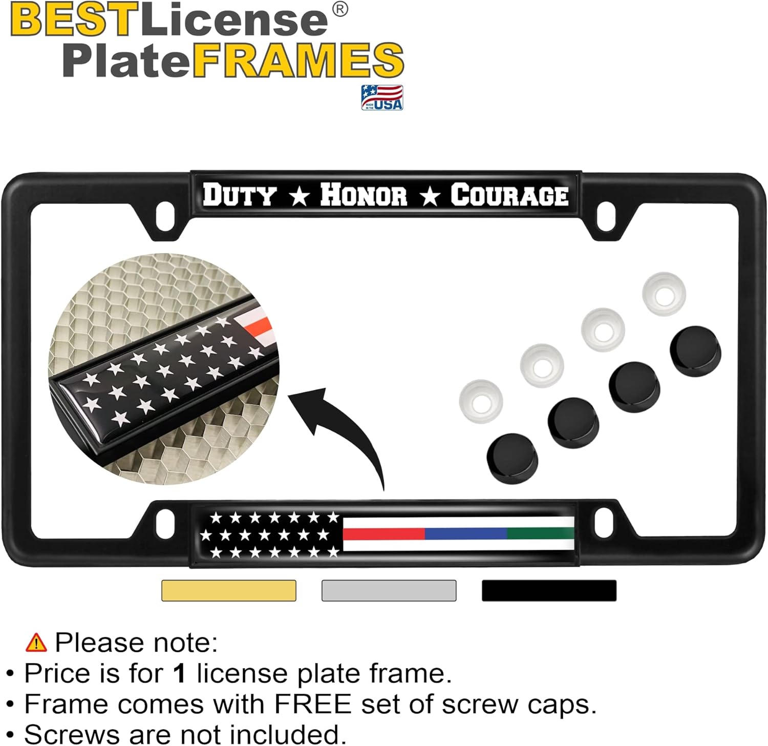 First Responders - Law Enforcement, Police, Military and Fire Thin Line (Stripe) USA American Flag - Domed Narrow Top 4 Hole Metal Car License Plate Frame with Free caps - Black (Quantity: 1 Frame)