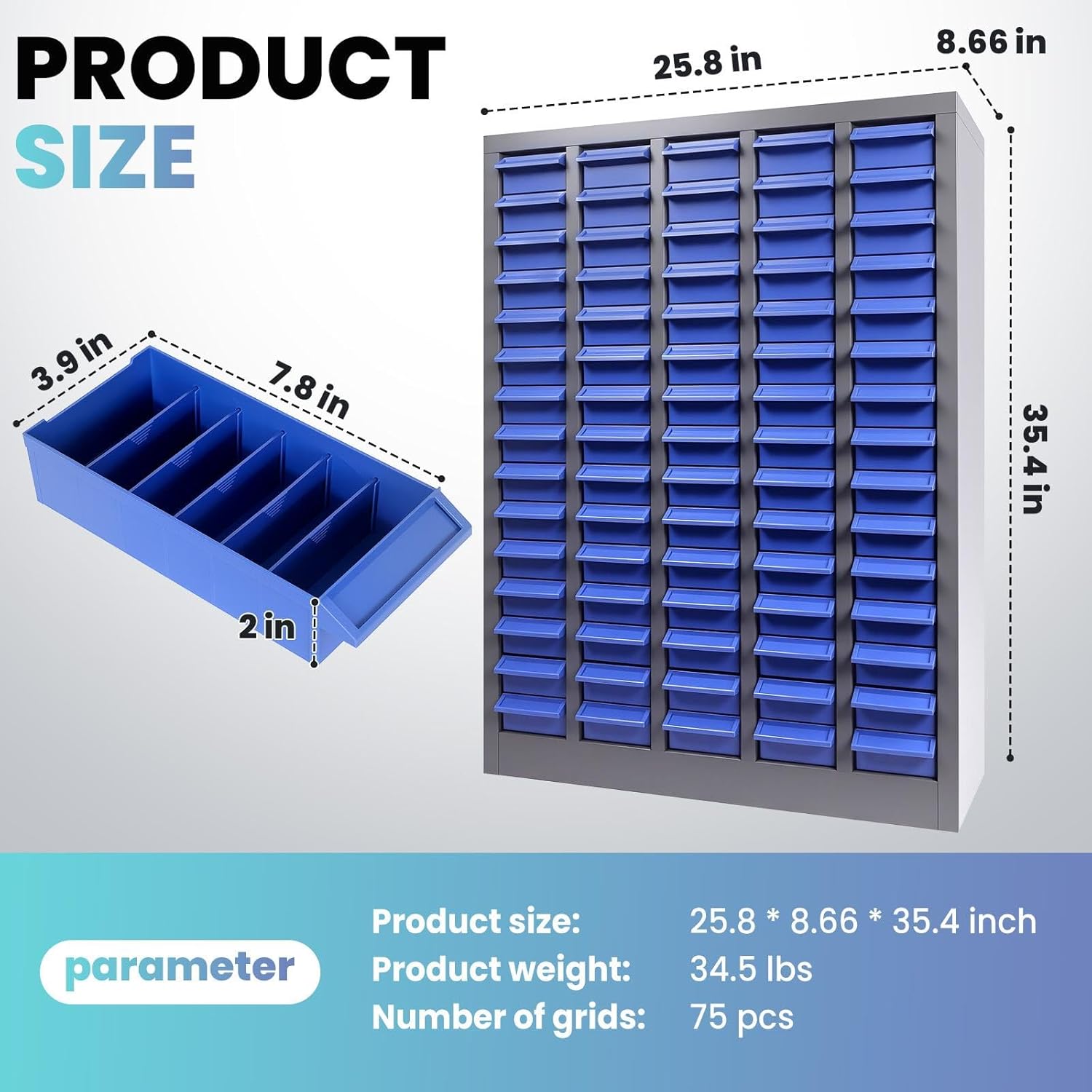 Large Capacity Drawers Part Cabinet with 75 Drawers, ABS Drawers with Dividers, Label Slots, Alloy Steel Frame, Nut and Bolt Organizer, Parts Cabinet for Machine Shops, Auto Repair, Warehouses