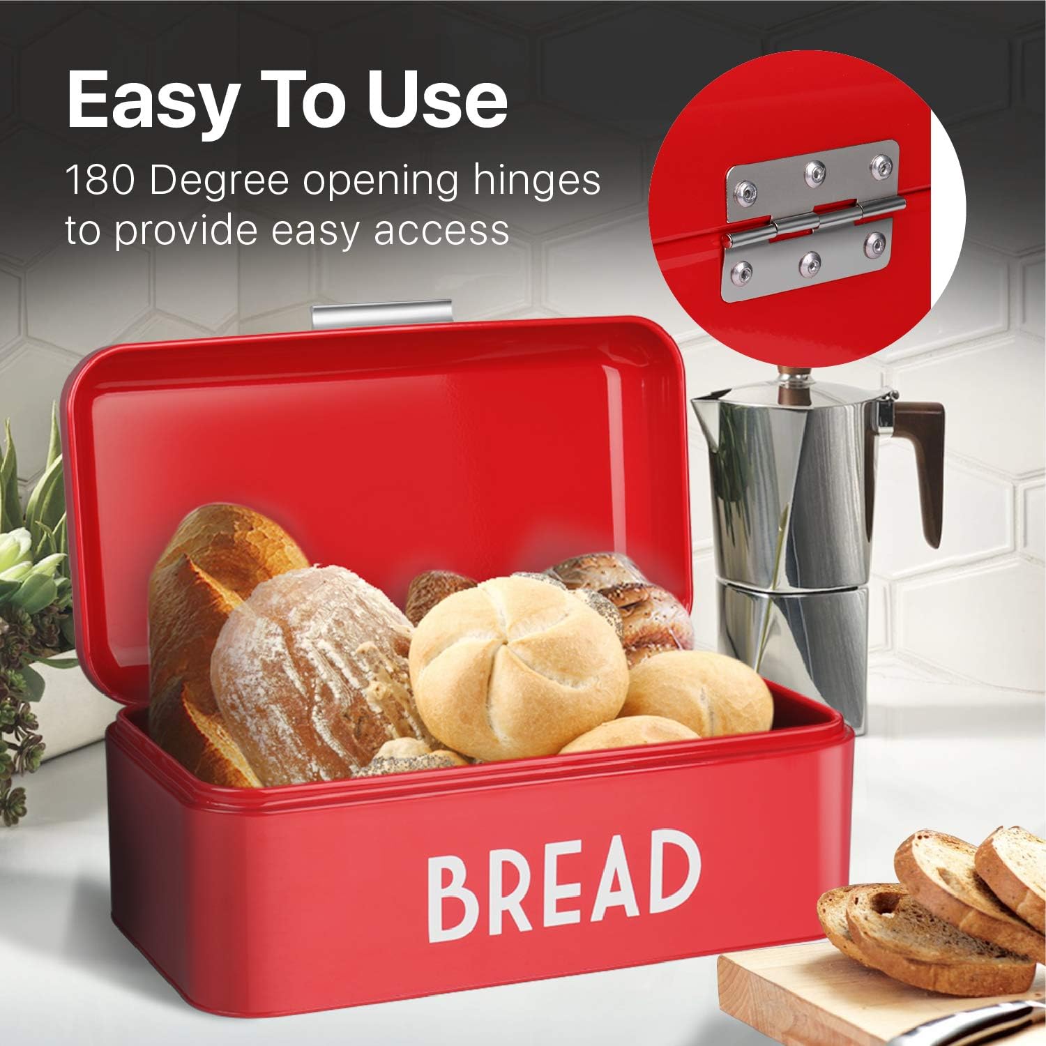 Flexzion Metal Red Bread Box for Kitchen Countertop, Vintage Bread Holder for Rustic Kitchen, Bagel Bin Loaf Storage Keeper, Sliced Bread Container with Butter Dish and Butter Knife