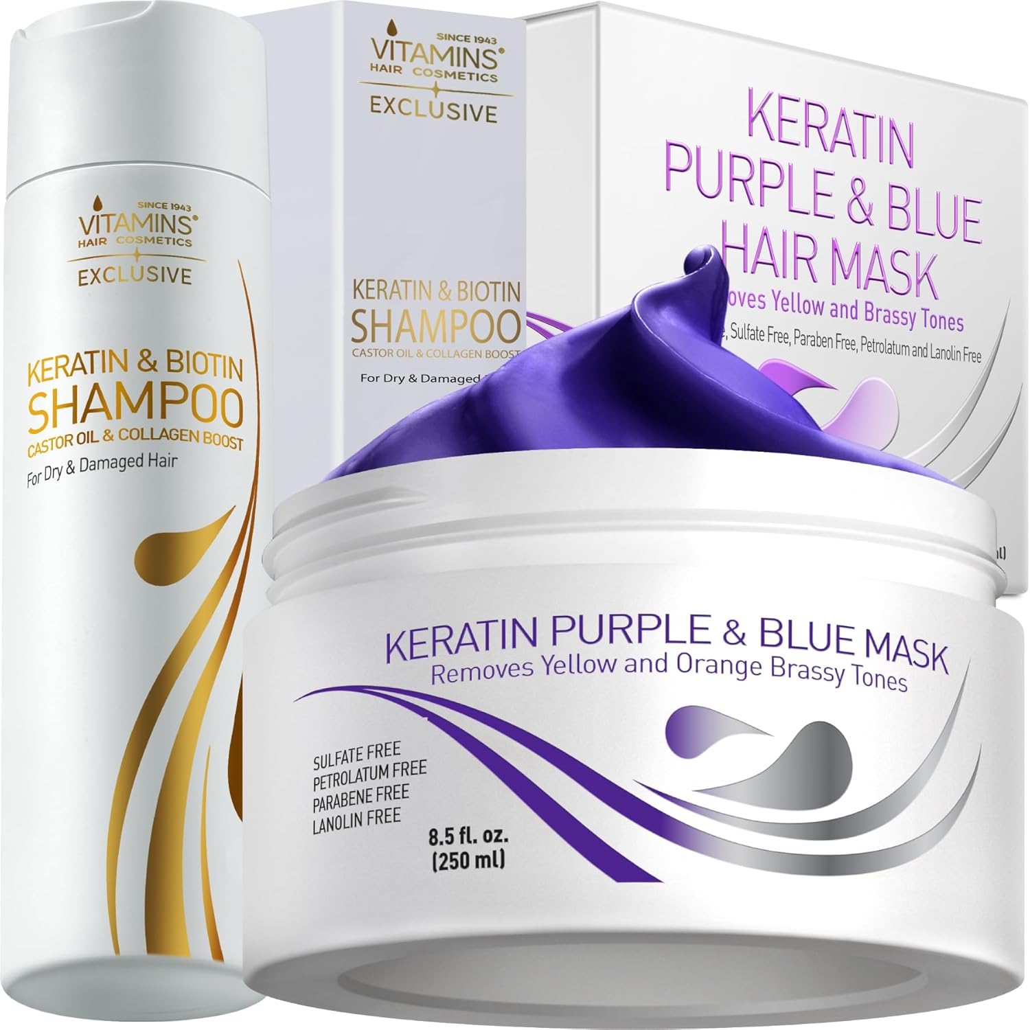 Vitamins Keratin Purple Blue Hair Mask and Keratin Shampoo Kit Conditioner Anti