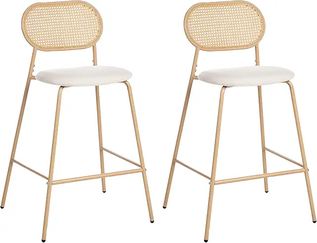 2-Pack Metal Frame Rattan Bar Stools with Light Wood Finish