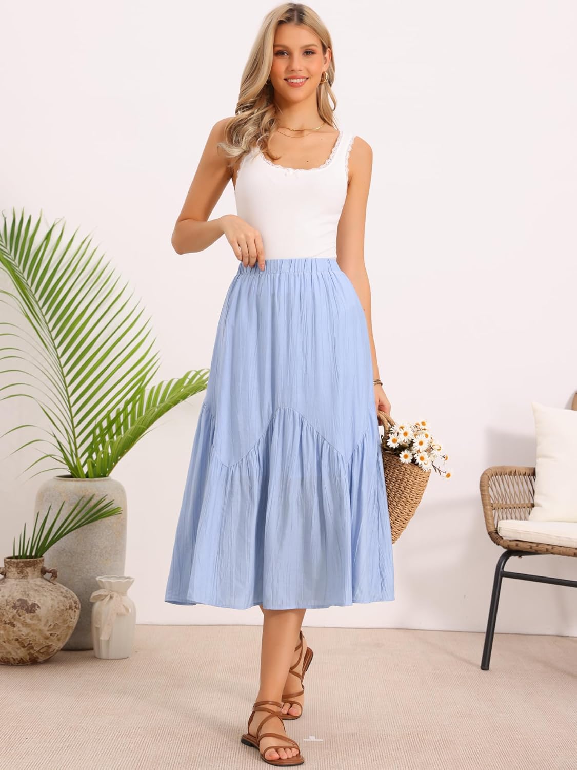 Allegra K Pleated Maxi Skirt for Women's Boho Flowy A-Line Summer Tiered Long Skirts - Image 3