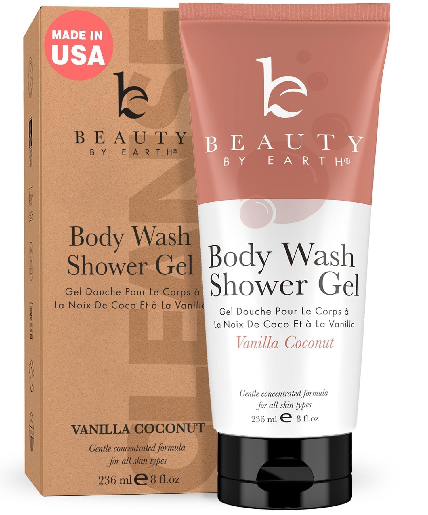 Vanilla Coconut Shower Gel Body Wash - USA Made with Organic & Natural Ingredients, Moisturizing Cleansing Gel for Women, Gentle & Non Toxic Daily