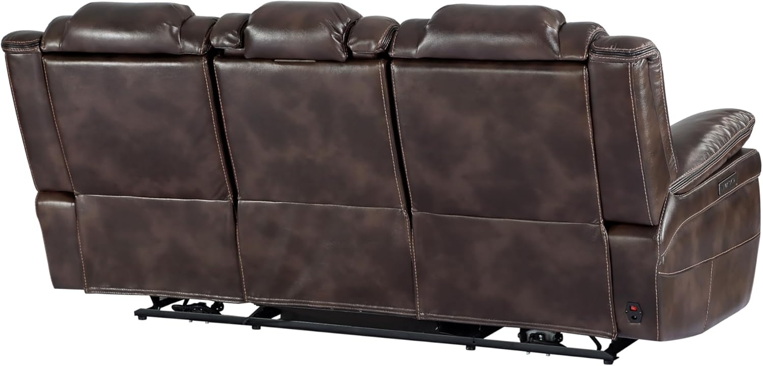 Oportuna Brown Faux Leather Power Reclining Sofa with Cup Holders