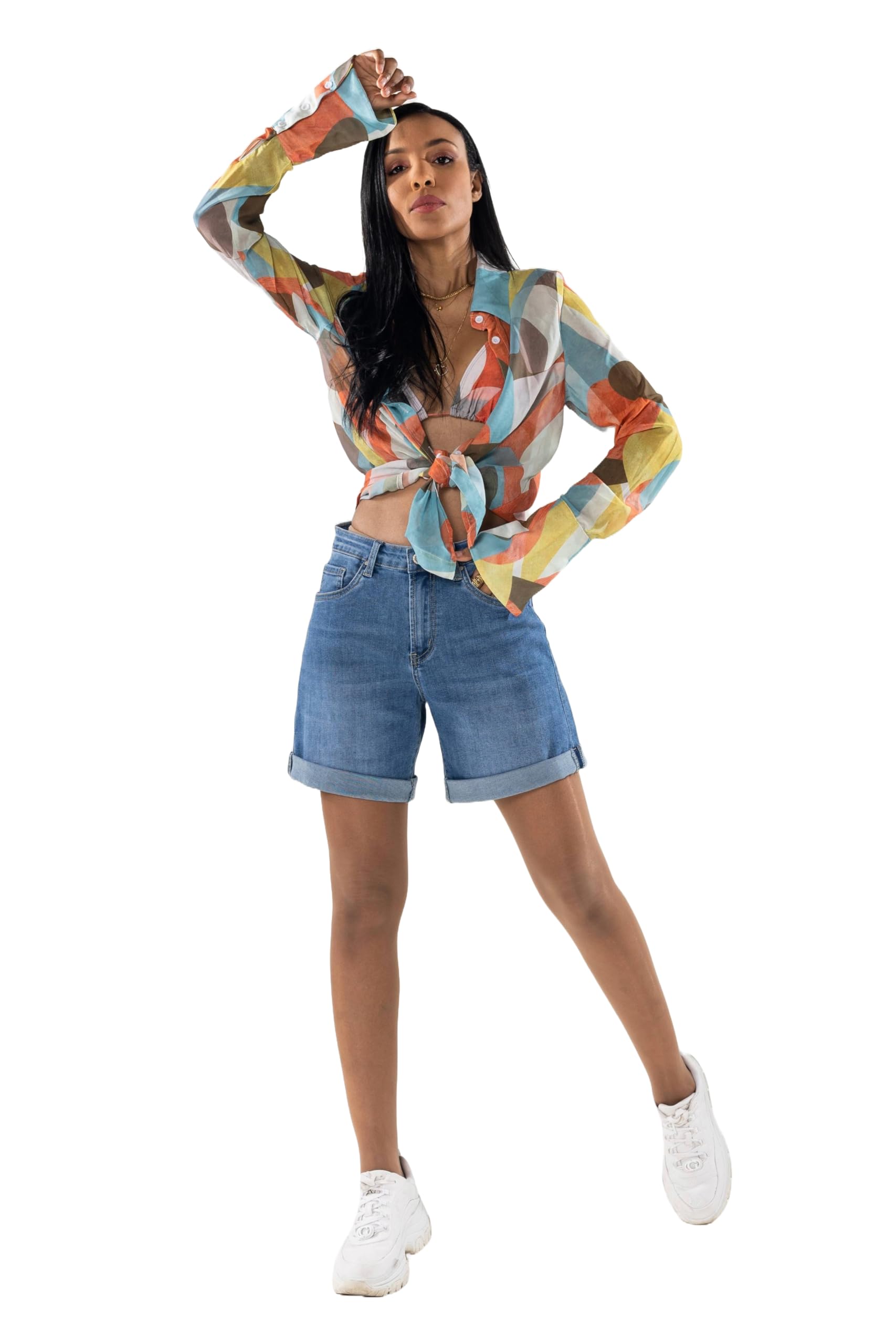 Nina Carter P208 Short en jean taille haute pour femme, look usé, mi-cuisse
