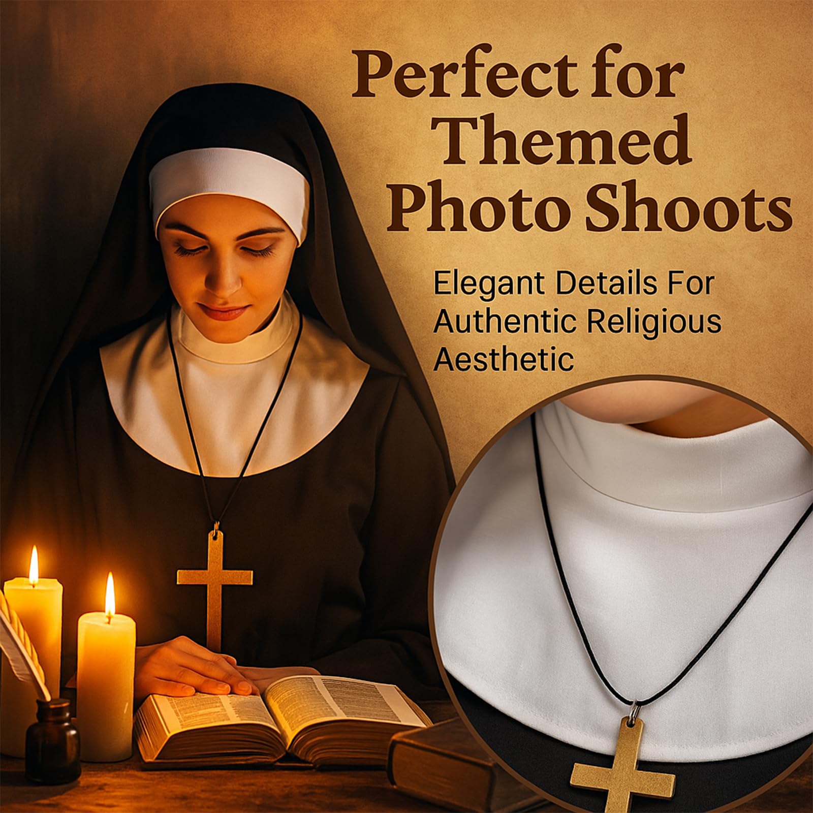 shirylzee 3 Pieces Halloween Nun Costume Accessories, Nun Costume Women Include Headpiece - Image 4