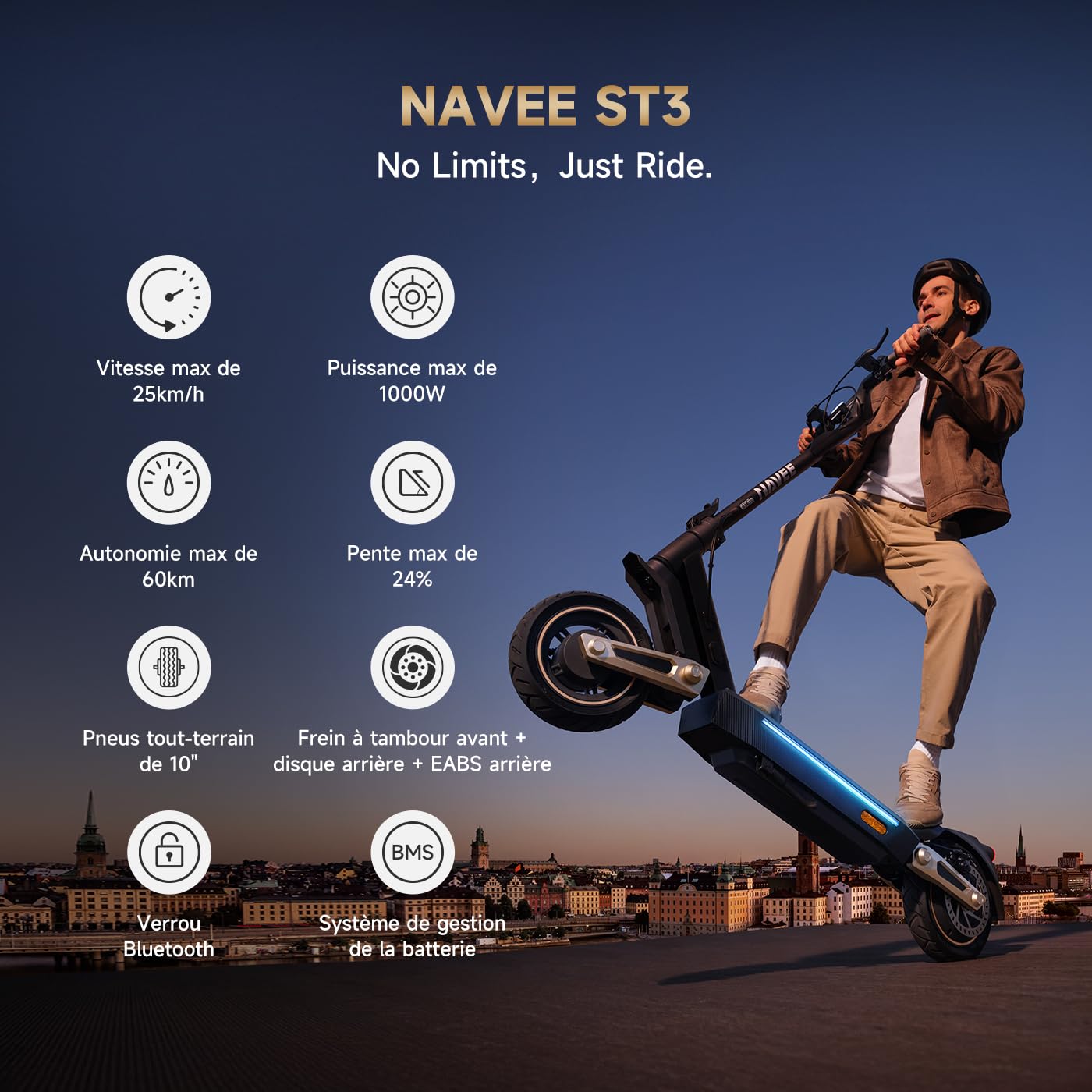 NAVEE ST3 et ST5 Trottinette Electrique Adulte 60-90km Autonomie 25km/h, Moteur 1000-1650W, Suspension Avant et Arrière, Pneus 10″ sans Chambre, Antivol Connectivité Bluetooth, TCS, avec APP