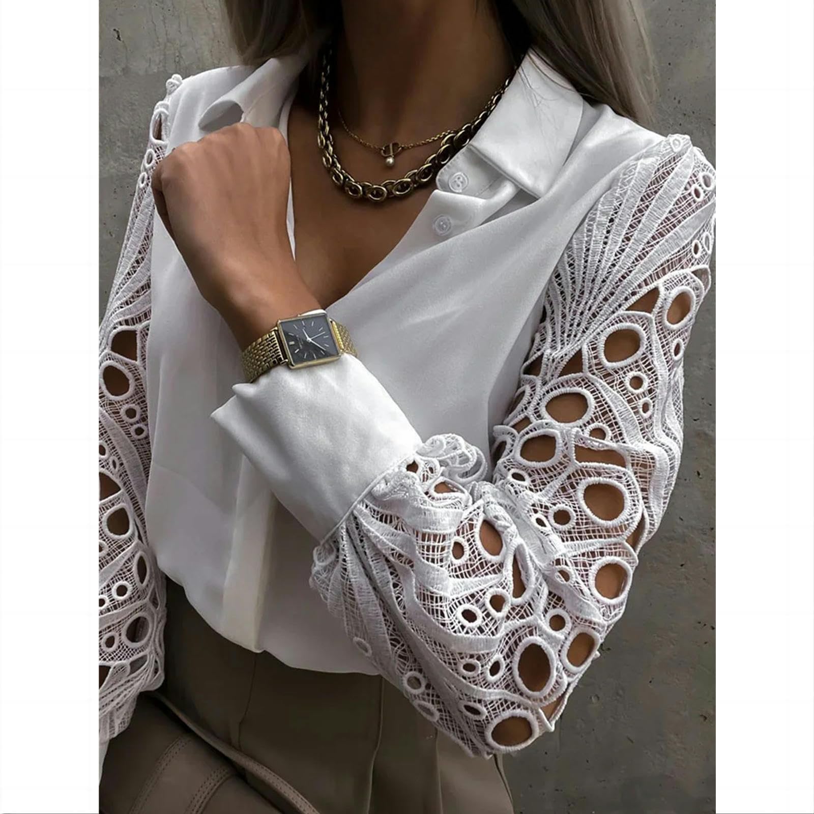 Camicia Donna Elegante Hollow out Donne Camicetta Autunno Primavera Nero Top Vintage Button Up Camicie Maniche Lunghe Top-Nero-m