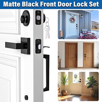 Matte Black Front Door Handle and Single Cylinder Deadbolt Combo Set | Black Exterior Door Lever, Heavy Duty Modern Front Door Lock Set, Reversible for Right & Left Handed Doors