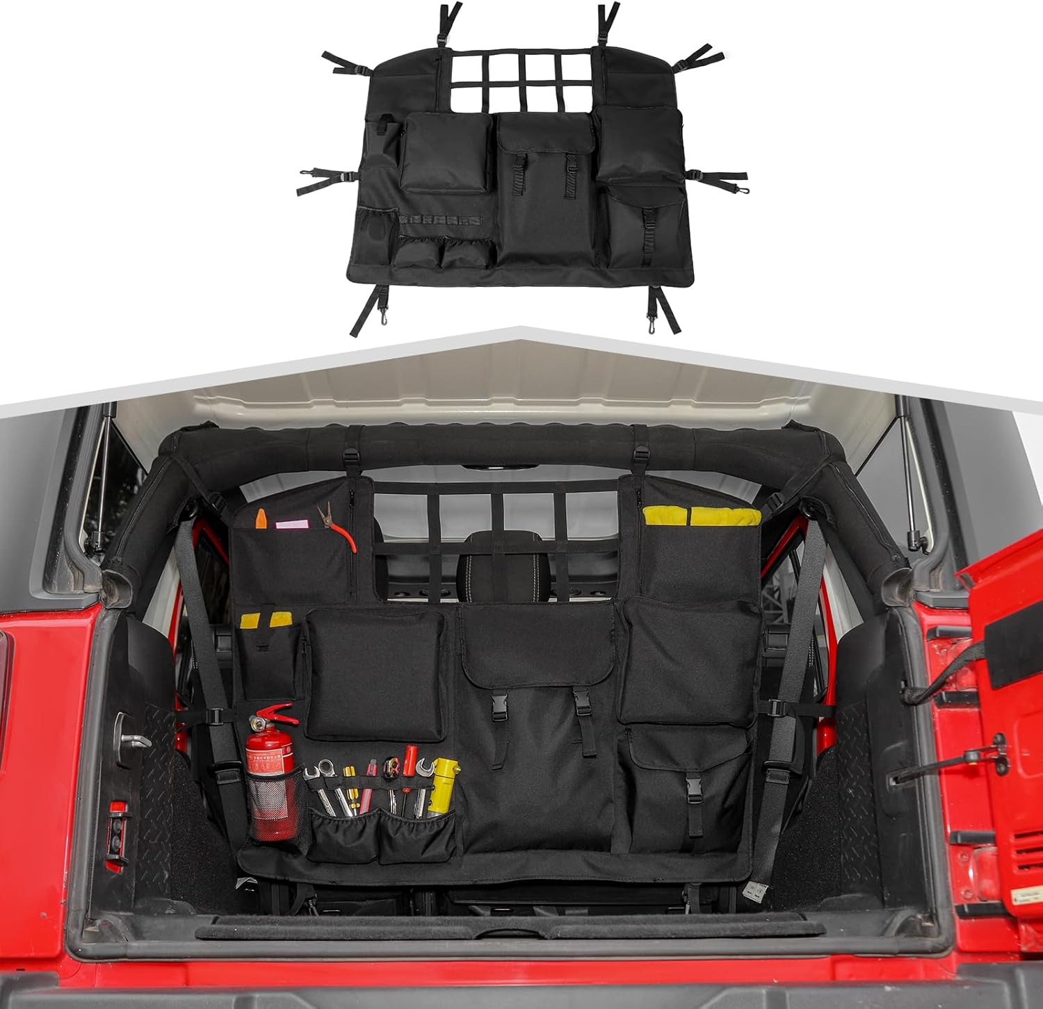 for JKU JLU Rear Trunk Organizer Bag Backseat Haning Cargo Organizer with Multi-Pockets Tool Kits fit for Jeep Wrangler JKU JLU