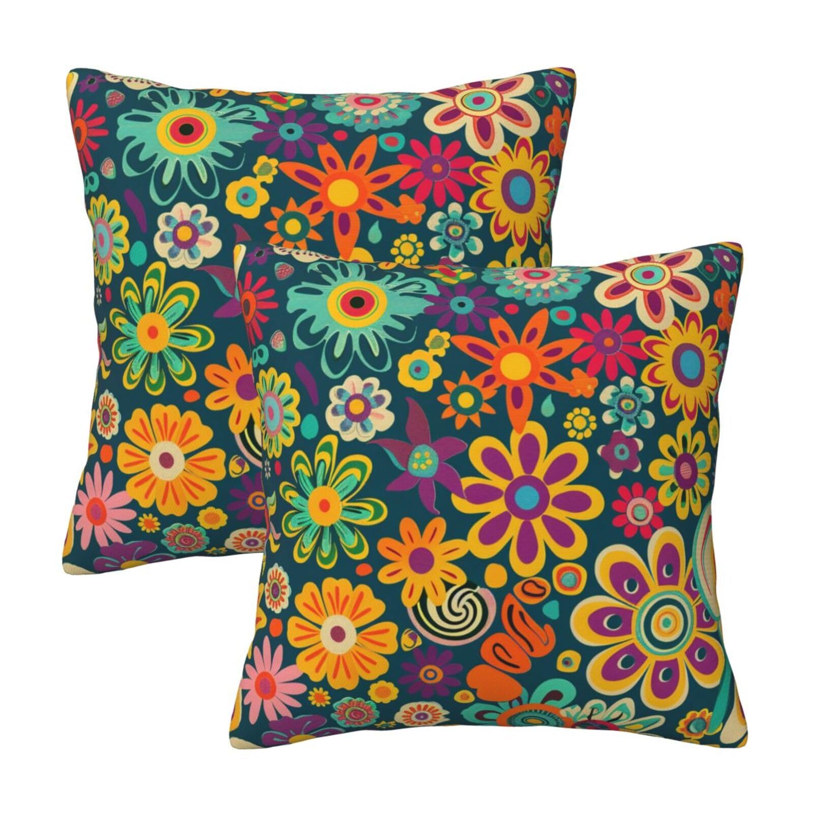 Hippie Pattern Throw Pillow Cases 2 Pack Square Pillowcases Soft Pillow Protectors for Couch Livingroom Sofa Bed Office Car,40x40 CM