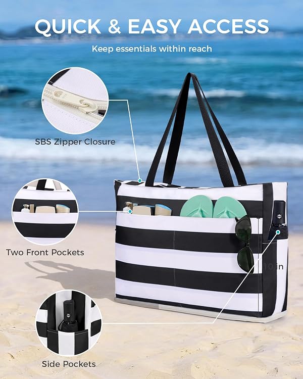 WANDF Sandproof Beach Bags for Women, Pool Tote Bag with Zipper (Black) by WANDF - Used condition - Image 7