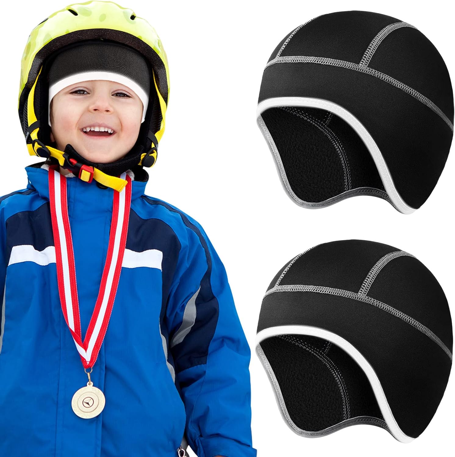 SATINIOR 2pcs Reflective Skull Cap Helmet Liner Kid Thermal Black Thin Run Hat Winter Bike Warm Stripe Ski Youth Ear Cover