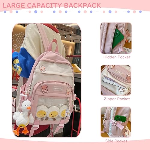 Vista 7 de Mochila Kawaii para niñas con alfileres y accesorios, linda mochila estética para niños, bolsas para libros para adolescentes
