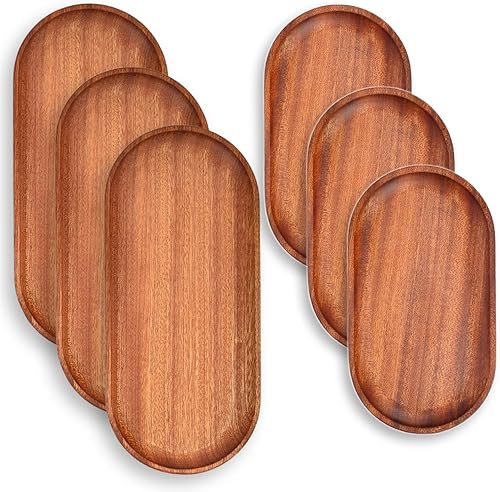 Miniatura 9 de Paquete de 2 bandejas de madera maciza para servir y bandejas de madera natural con borde, rectangulares para evitar deslizamientos y derrames de