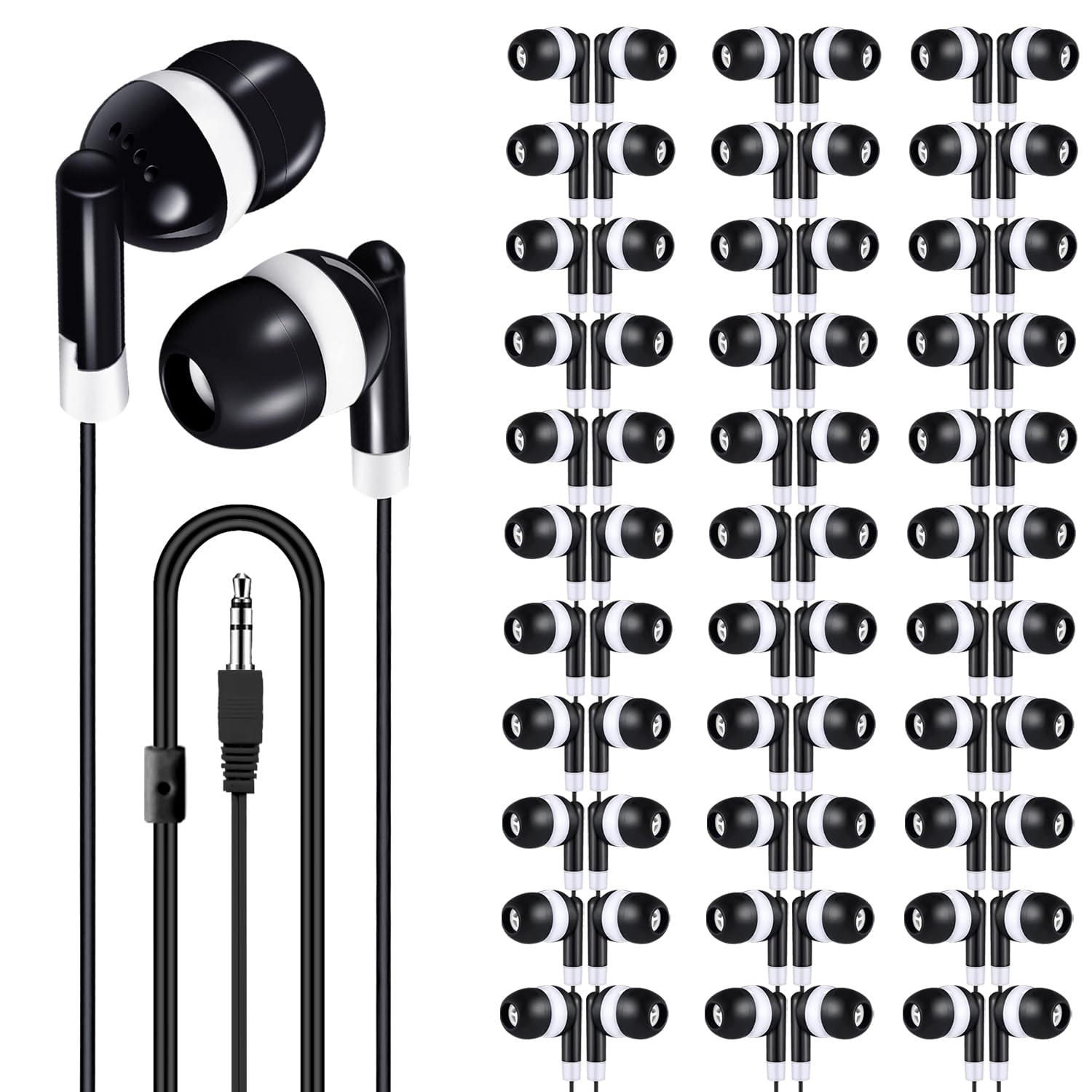 Bulk - Confezione da 200 auricolari in-ear con cavo e jack da 3,5 mm, set di auricolari usa e getta a pois neri, per studenti, confezionati singolarmente (HY01,200 nero)