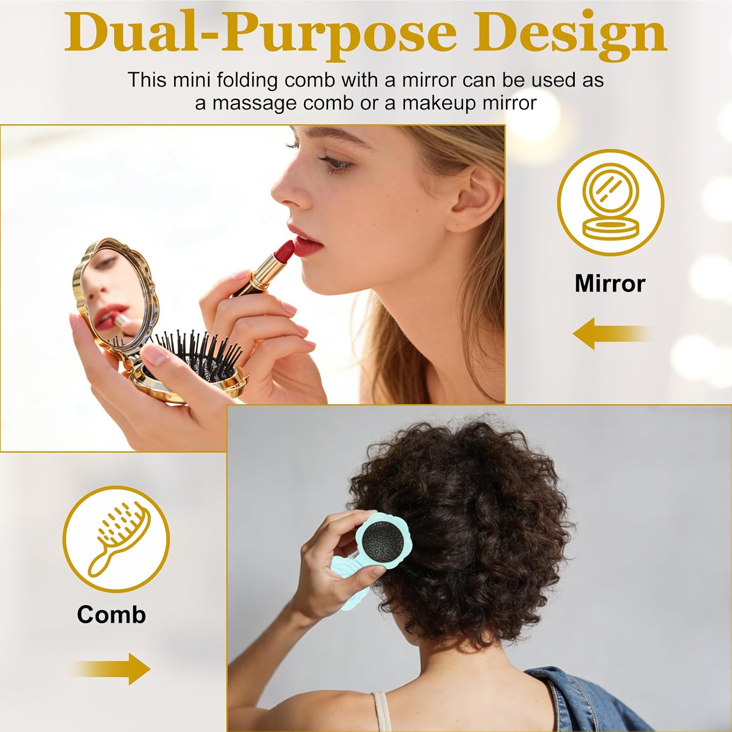 uxcell 2pcs Travel Hair Brush with Mirror Rose Shape Portable Gym Rose Gold image 4