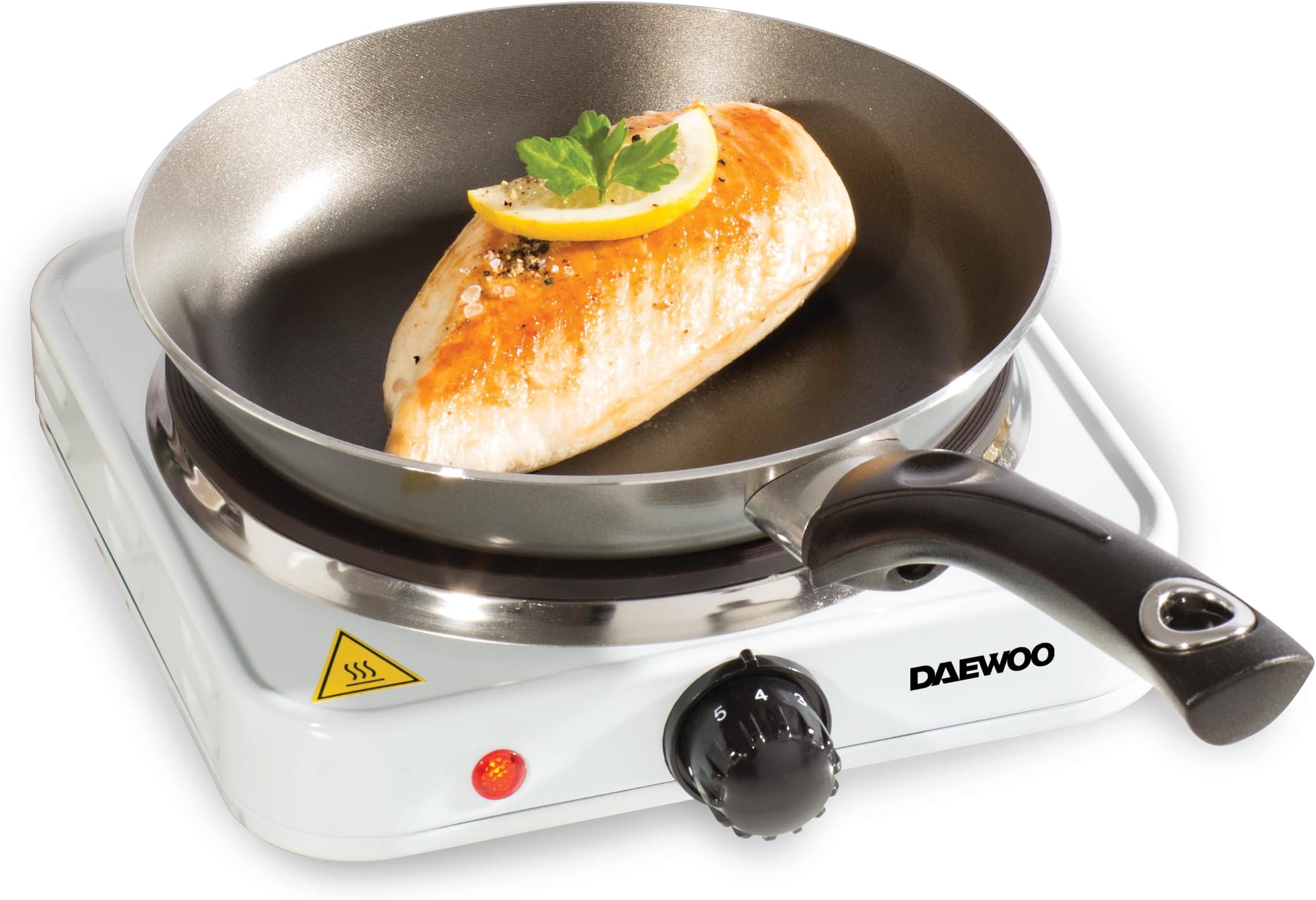Daewoo Hot Plate, Single With Dual Adjustable Thermostatic Controls, Non-Slip Feet, Compact And Portable With Indictor Light When In Use, Elegant Cast Iron Design, White