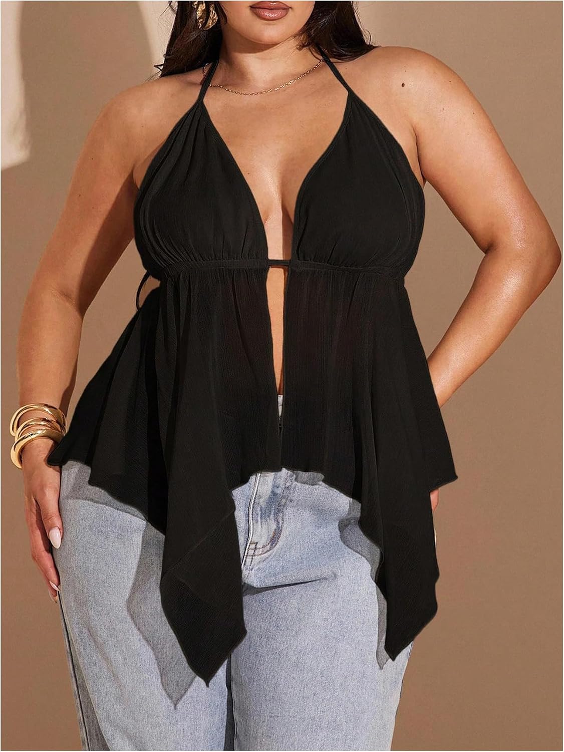 SOLY HUX Women's Plus Size Halter Tops Y2k Sexy Deep V Neck Tie Backless Sleeveless Flowy Asymmetrical Hem Summer Top