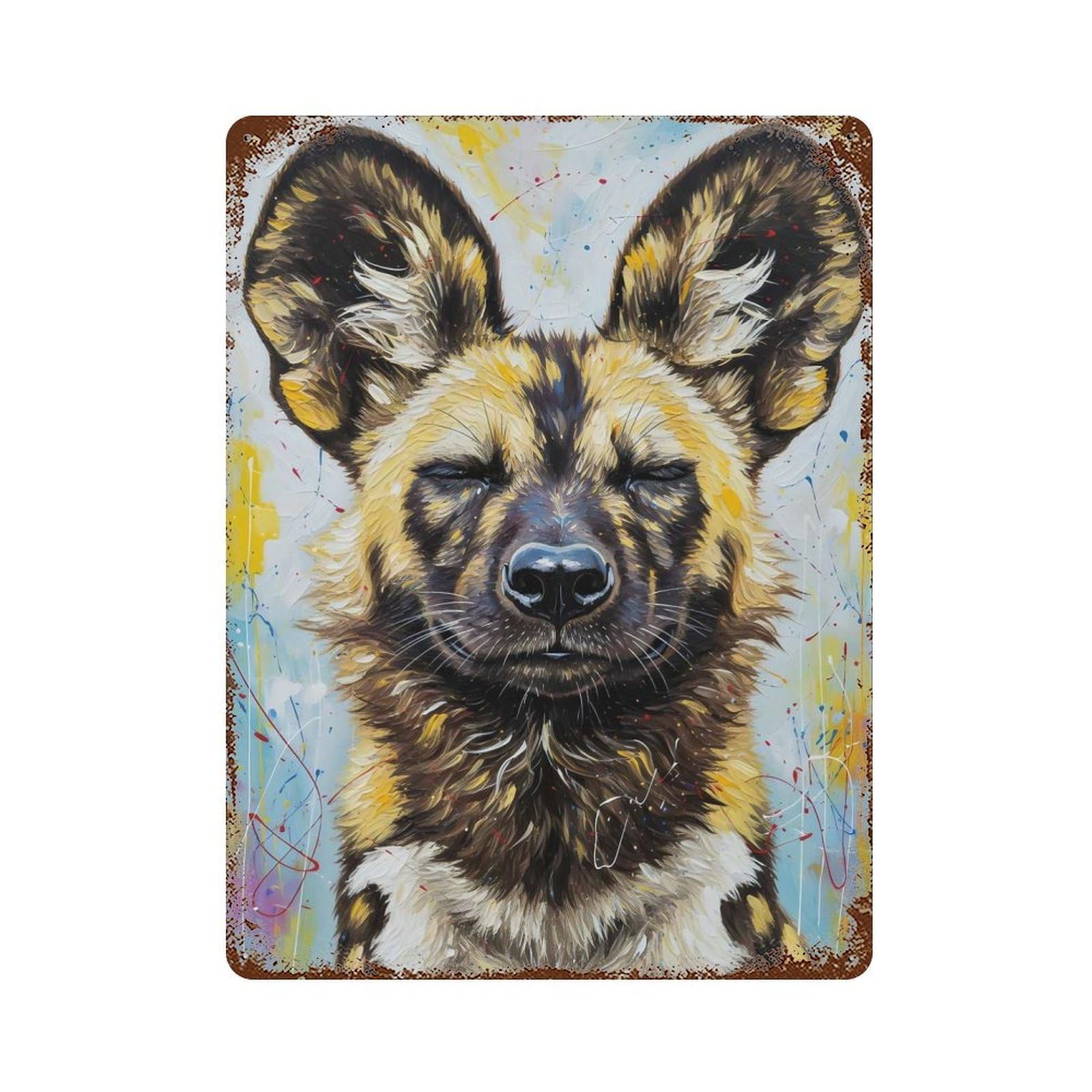 Painted African Wild Dog Portrait Weathered Tin Sign 15.7"x11.8", Novelty Wall Decor for Garage, Pub Or Kitchen