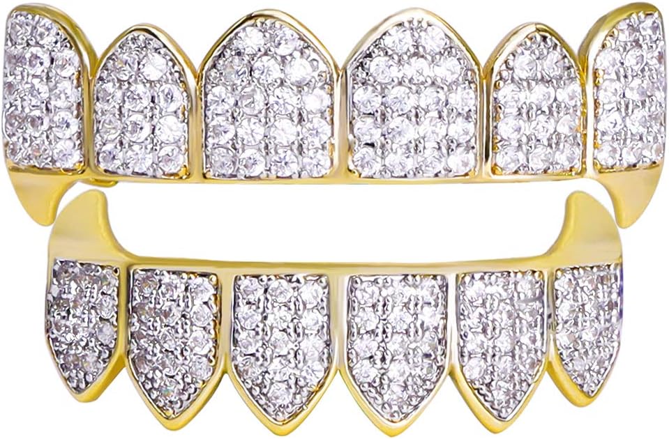 Gold Grillz Teeth Set CZ Diamonds Grillz 24k Plated Gold Top & Bottom Grill Hip Hop Bling Iced Out Grillz For Son + Extra Molding Bars + Microfiber Cloth