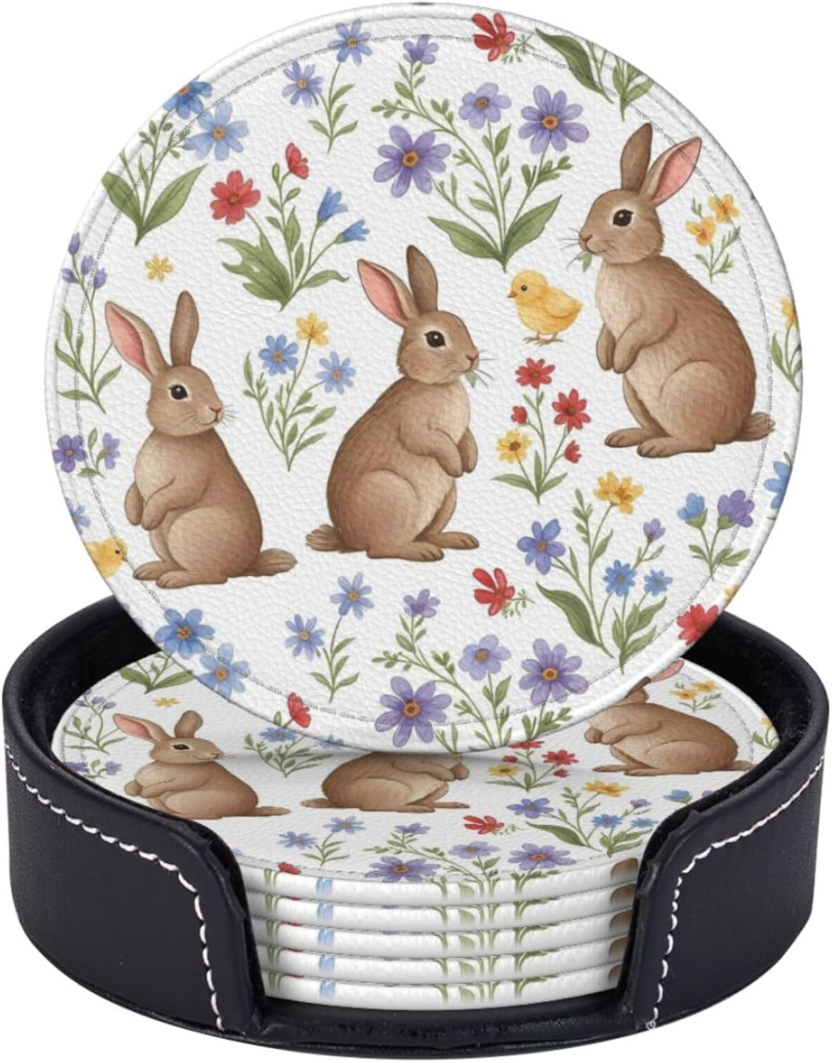 Easter Coasters for Drinks Set of 6 Rabbits Eggs Floral Happy Easter Spring Home Decor Round Leather Drinks Coaster with Holder Heat Resistant Cup Mat Pad for Party, Kitchen & Dining Table