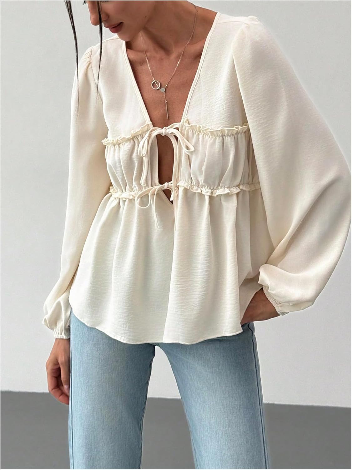 WDIRARA Women's Tie Front V Neck Long Bishop Sleeve Flared Blouse Frill Trim Peplum Top - Image 2