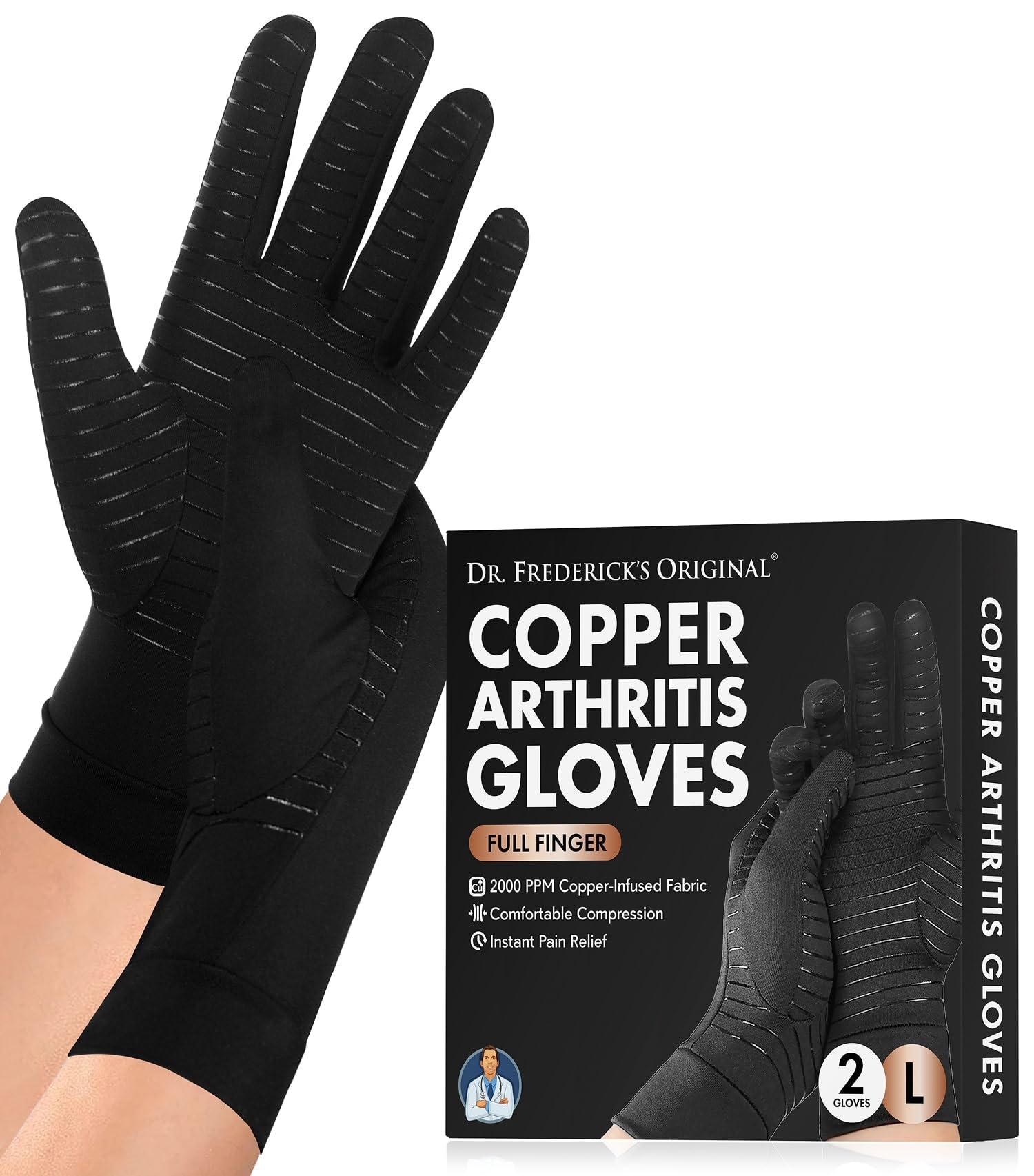 Dr. Frederick's Original Copper Compression Arthritis Gloves - Doctor-Developed Hand Pain Relief for Arthritis, Carpal Tunnel & Tendonitis - All-Day Comfort, Typing & Daily Use - Full Finger, Large