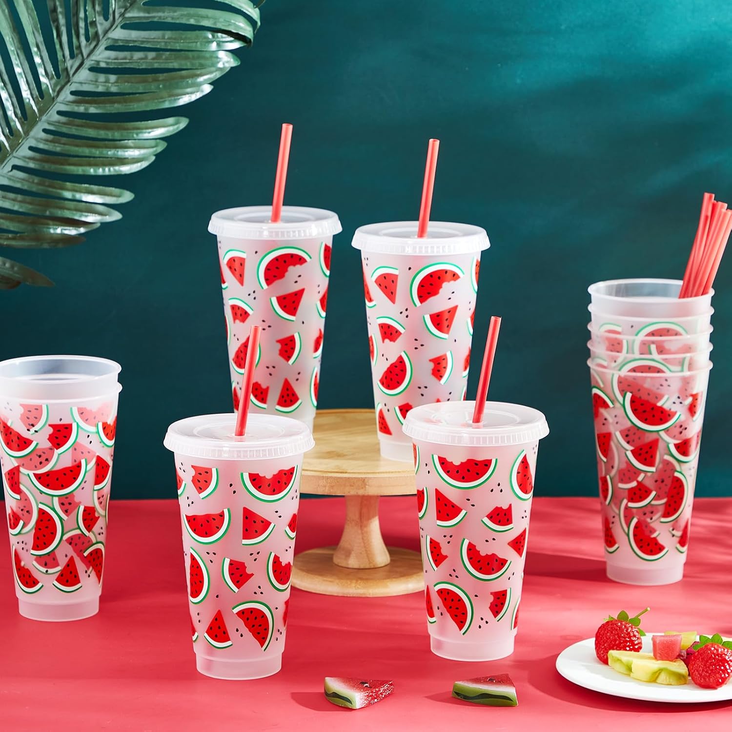 24 Pcs Watermelon Themed Party Decorations Cups Plastic Tumbler with Lid and Straw Reusable Cups Gifts Birthday Party Decorations Favors