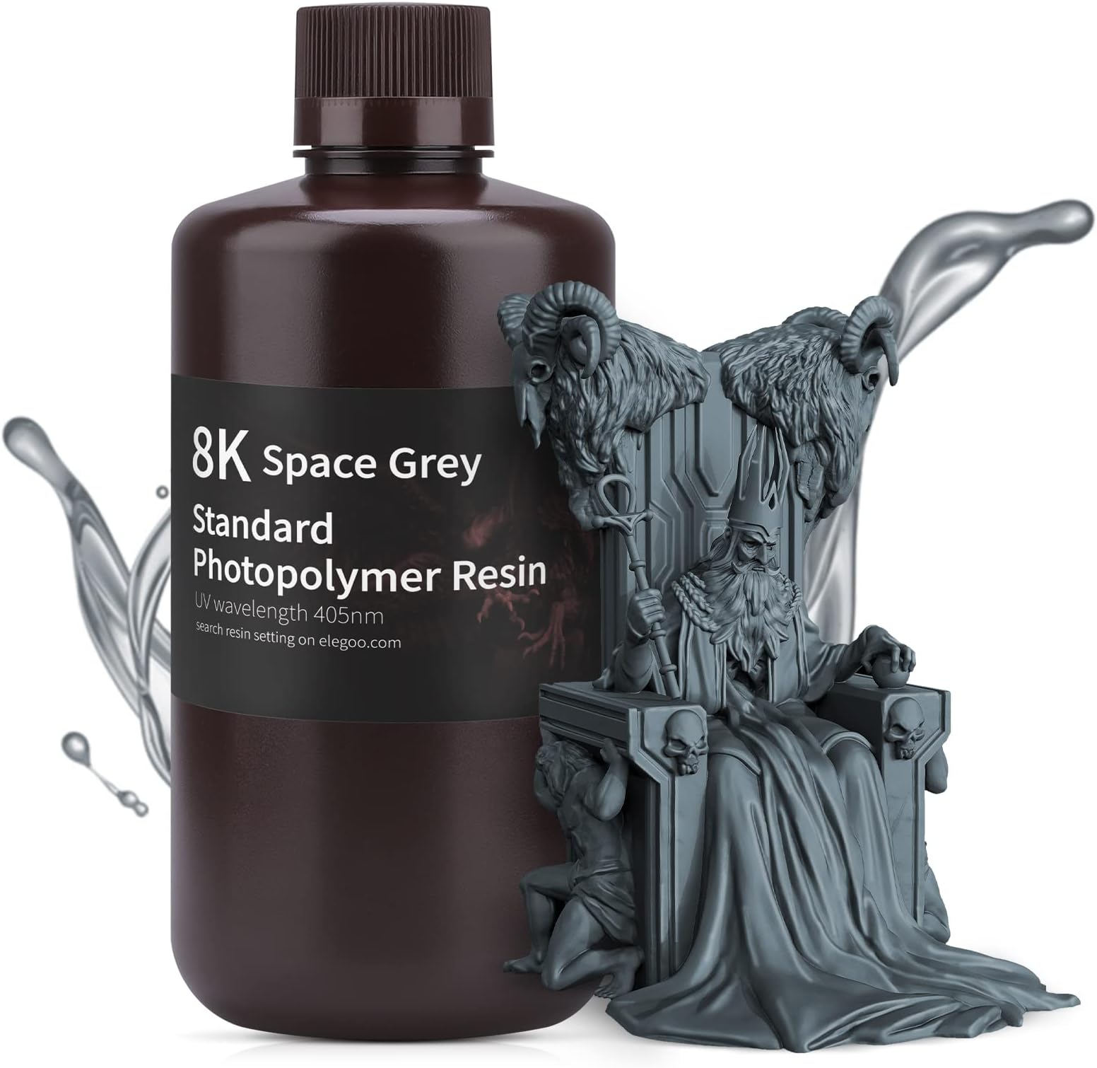 ELEGOO 8K Standard Resin, 405nm Rapid UV-Curing 3D Printer Resin, Higher Precision, Lower Shrinkage 3D Photopolymer Resin for 8K/12K/14K 3D Printer and LCD/MSLA/DLP 3D Printing, Space Grey 1000G