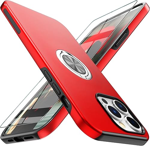 Funda compatible con iPhone 15 Pro Max con protector de pantalla de vidrio templado, resistente funda protectora delgada 2 en 1 con anillo magnético