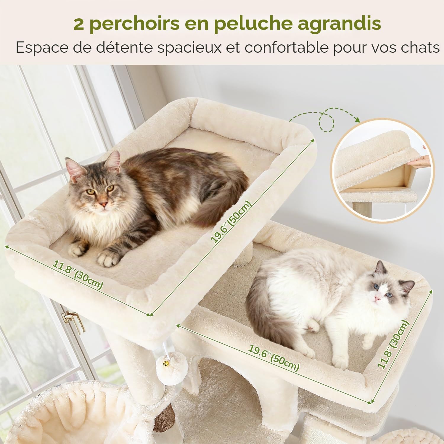 Globlazer Arbre à Chat Beige XXL Grand 204 cm avec 2 Immense Rembourrés Plateforme 50*30CM, 2 Grand Niches, 3 Doux Paniers, Planche Sisal, Stable Arbres a Chats pour 3-5 Chats Intérieur (S80G, Beige)