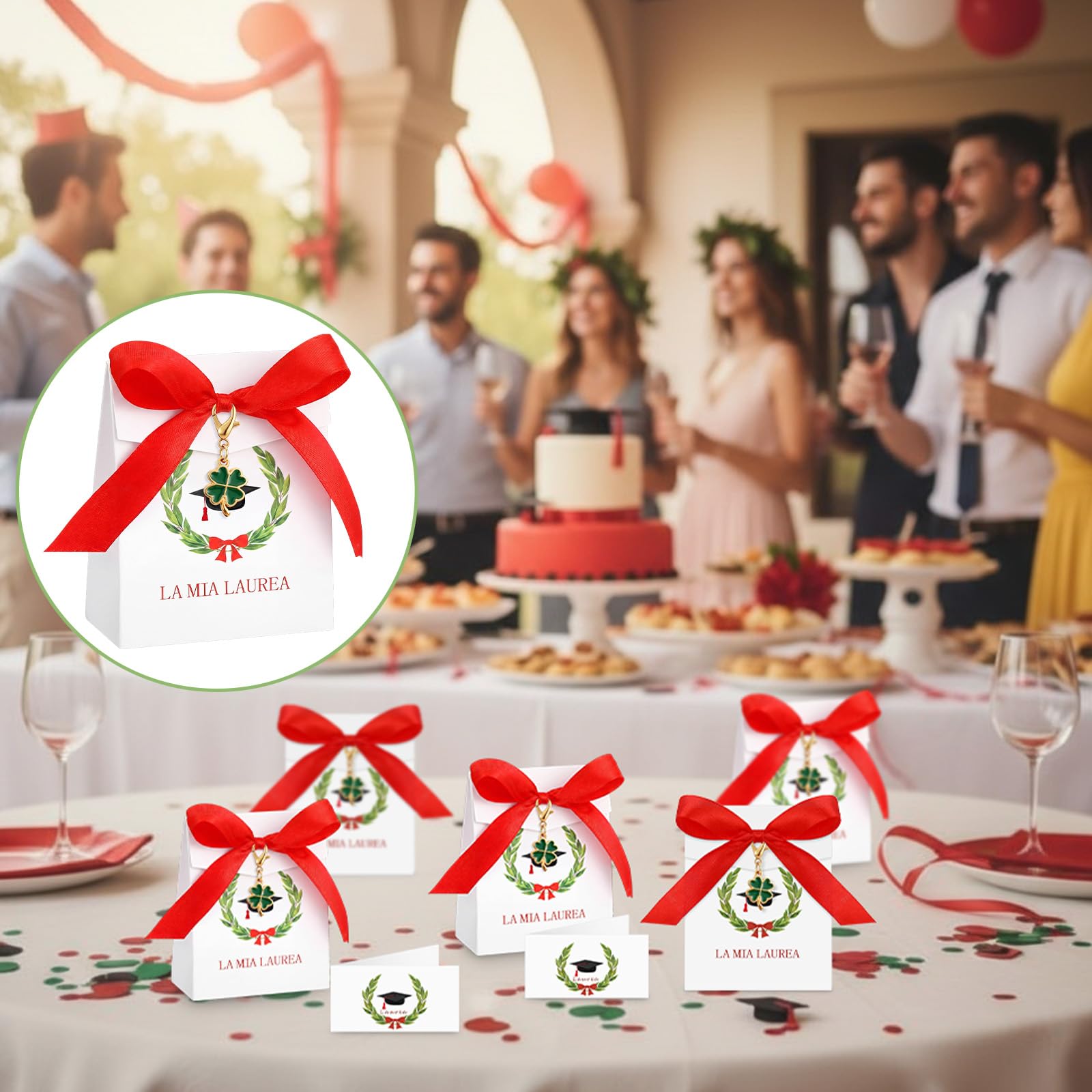 BBTO Cadeaux Invités Remise des Diplômes 50 Pièces Boîtes Dragées la Mia Laurea Porte-Clés Trèfle Porte-Bonheur Cartons Pliants Vœux et Ruban Satiné Rouge Confettis Cérémonie Fête