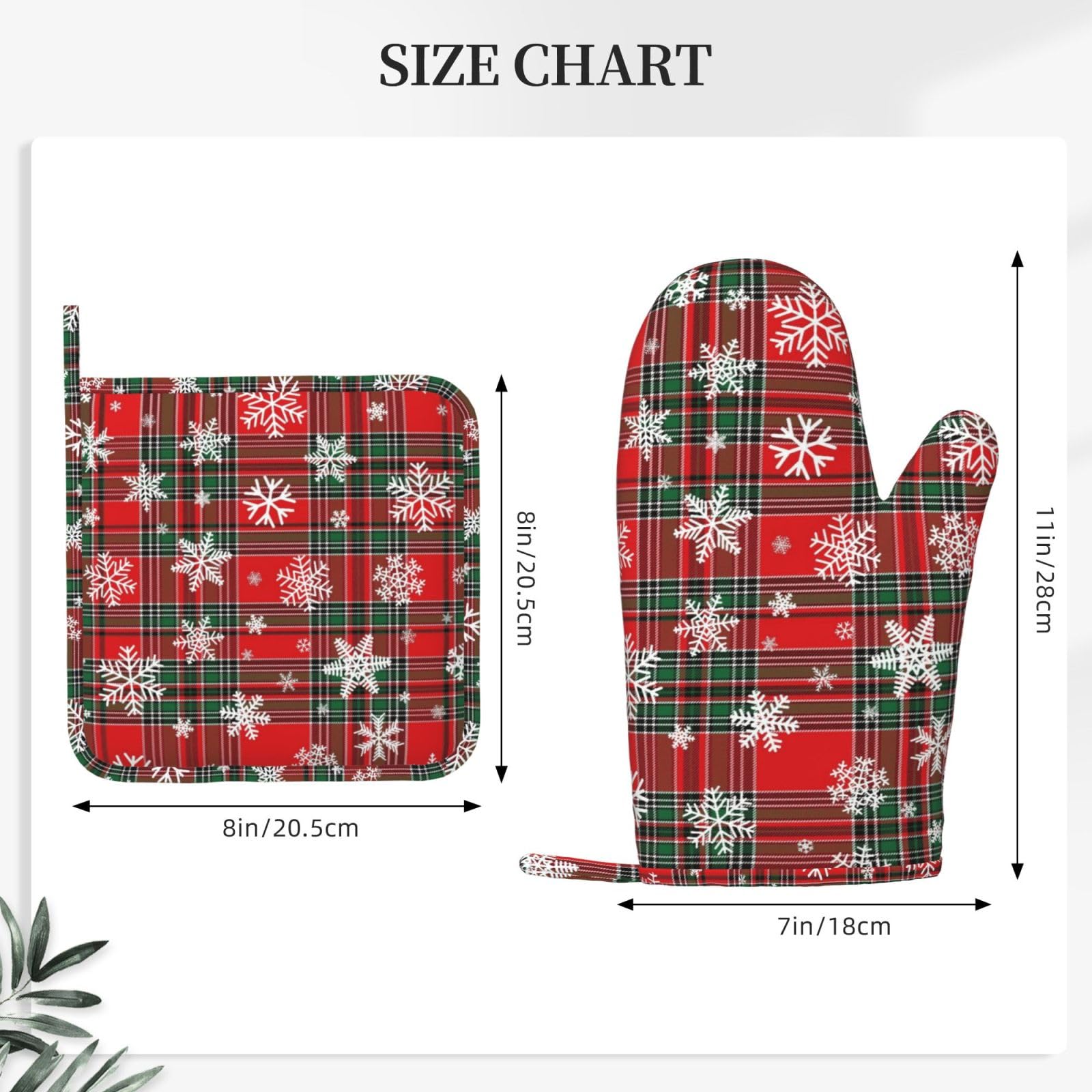 Ofenhandschuhe und Topflappen-Set, weihnachtliche Schneeflocke, 4 Stück, rot und grün kariert, Silikon-Ofenhandschuh für Küche, hitzebeständig, Büffelkariert, Ofenhandschuhe und Topflappen